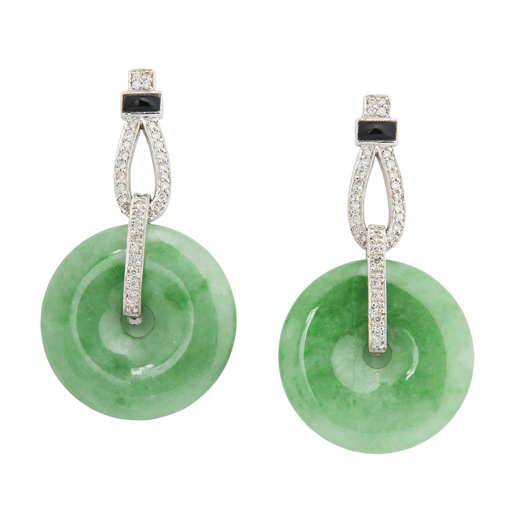 A pair of Art Deco style jade and diamond set earrings
