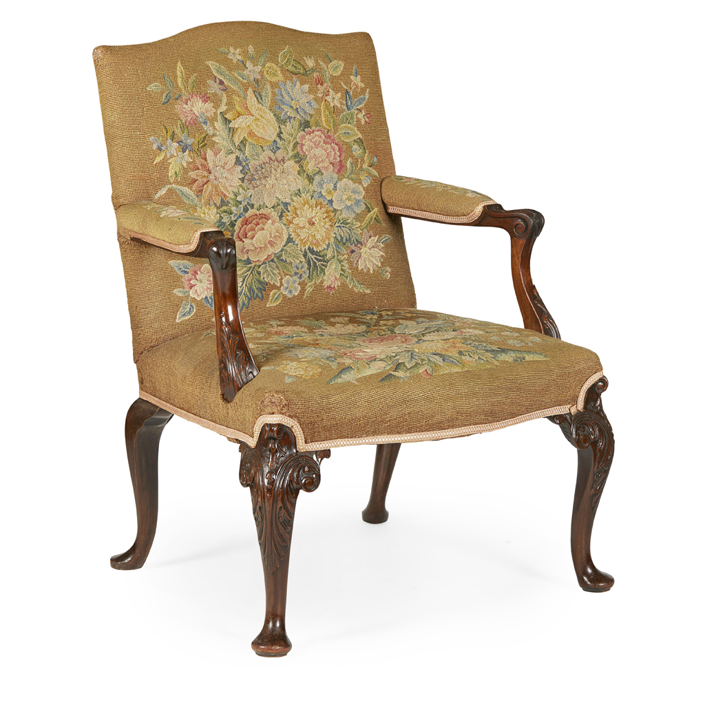 GEORGE II STYLE MAHOGANY AND NEEDLEWORK ARMCHAIR