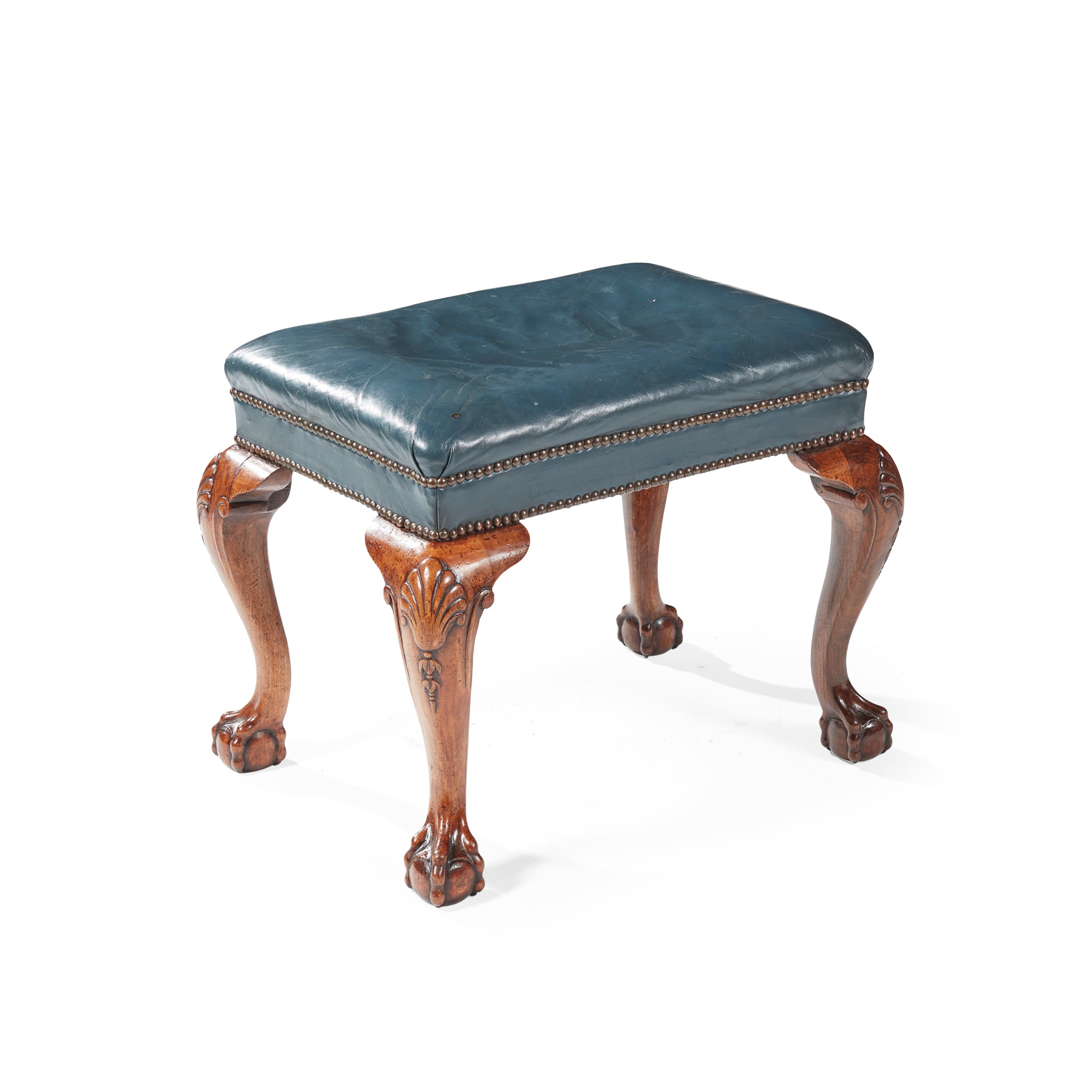 GEORGE II WALNUT AND LEATHER UPHOLSTERED STOOL