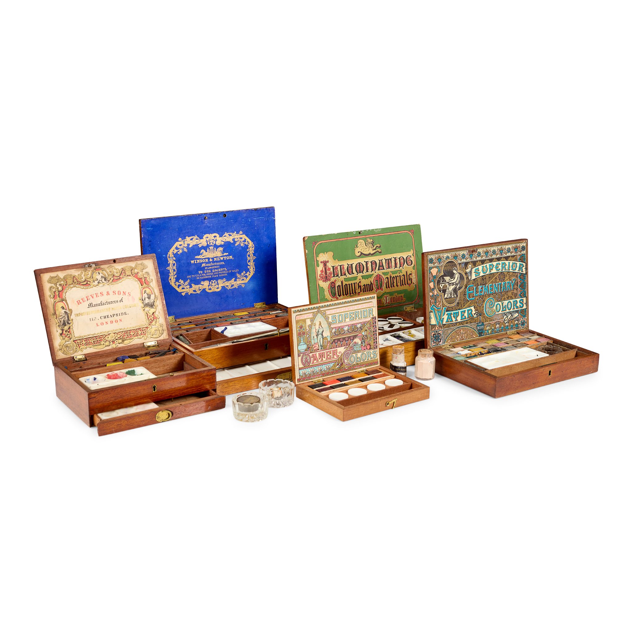 GROUP OF FIVE VICTORIAN ARTIST'S WATERCOLOUR PAINT SETS