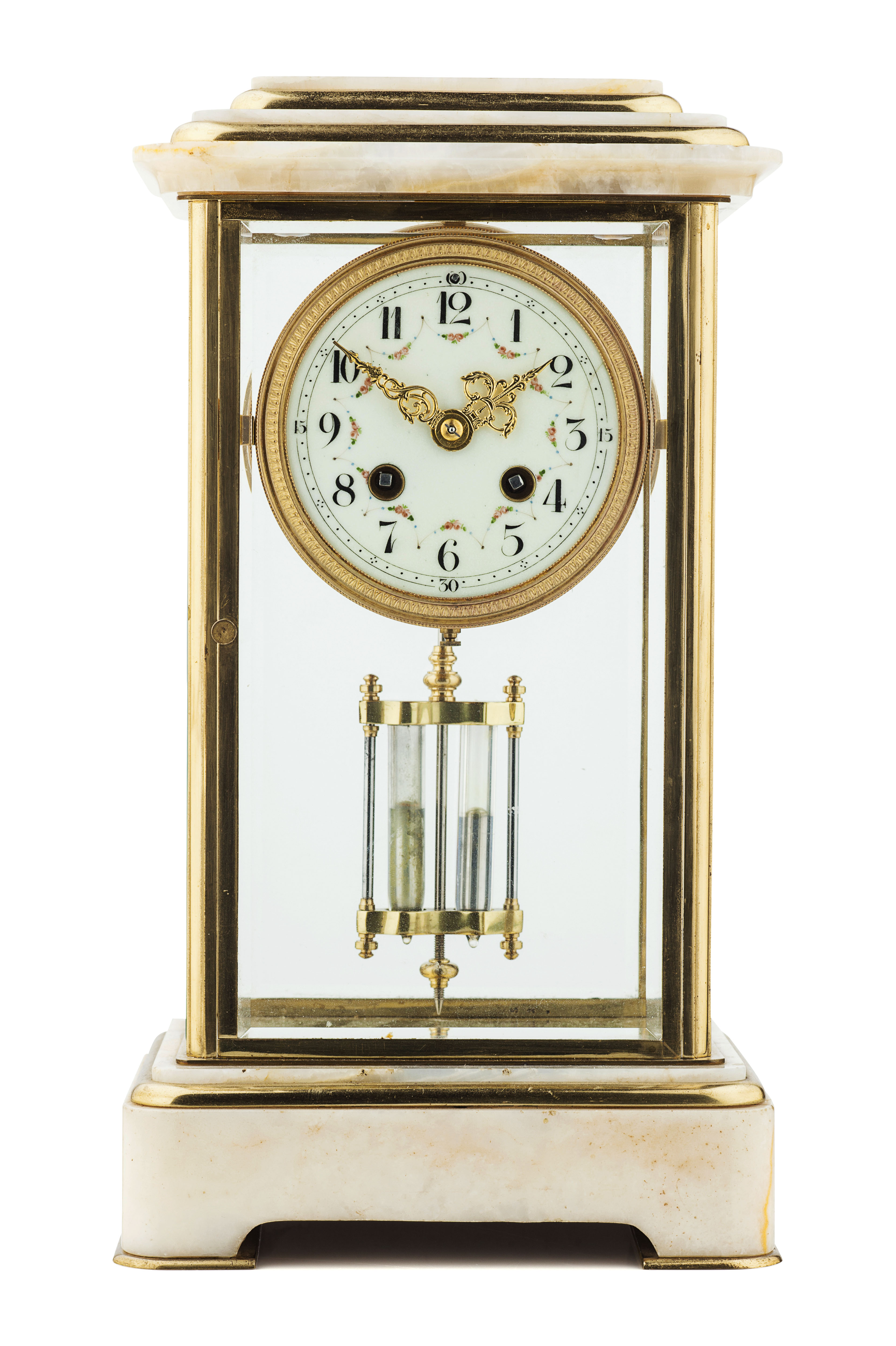 FRENCH BRASS, ONYX AND FOUR GLASS MANTEL CLOCK