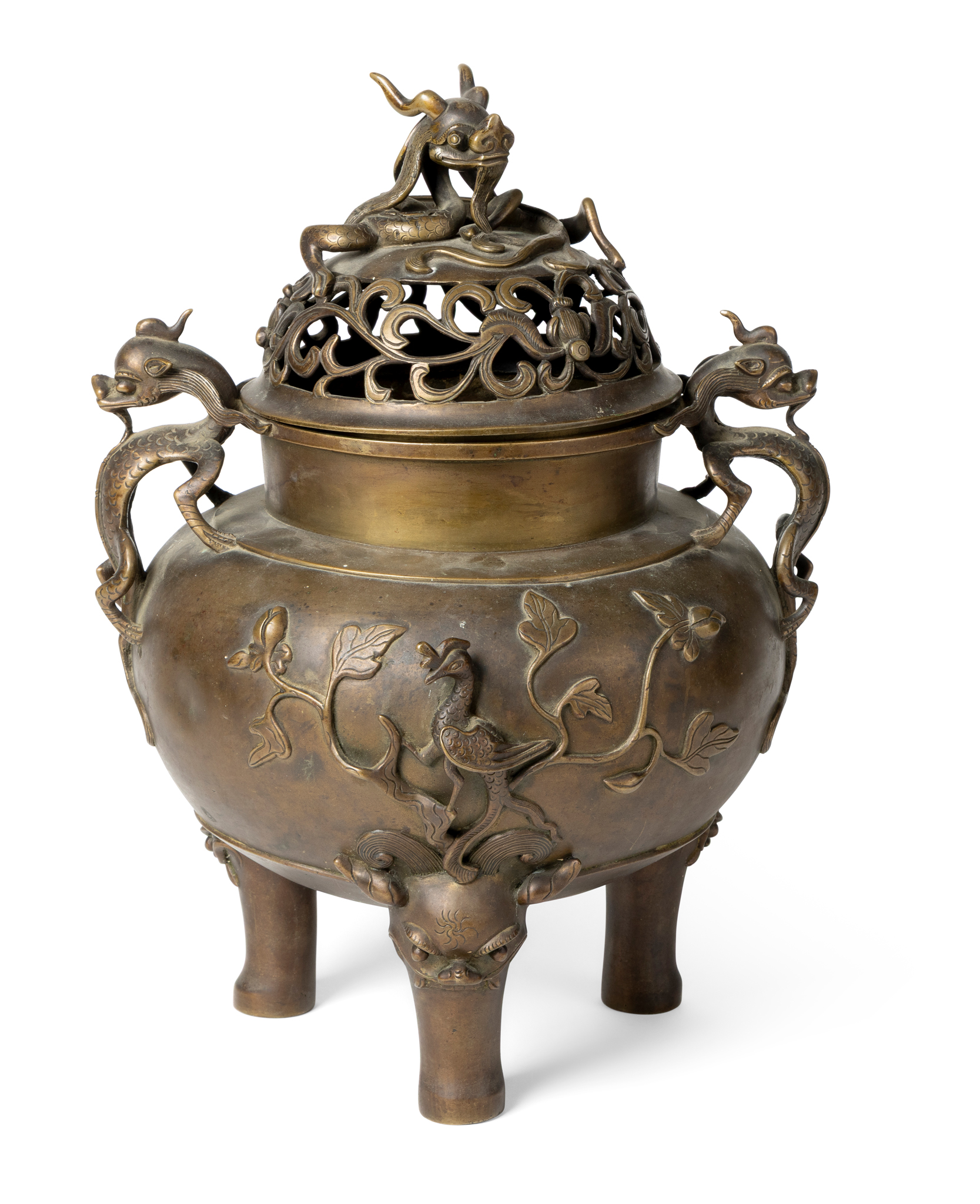LARGE CHINESE DRAGON-HANDLED TRIPOD CENSER WITH COVER