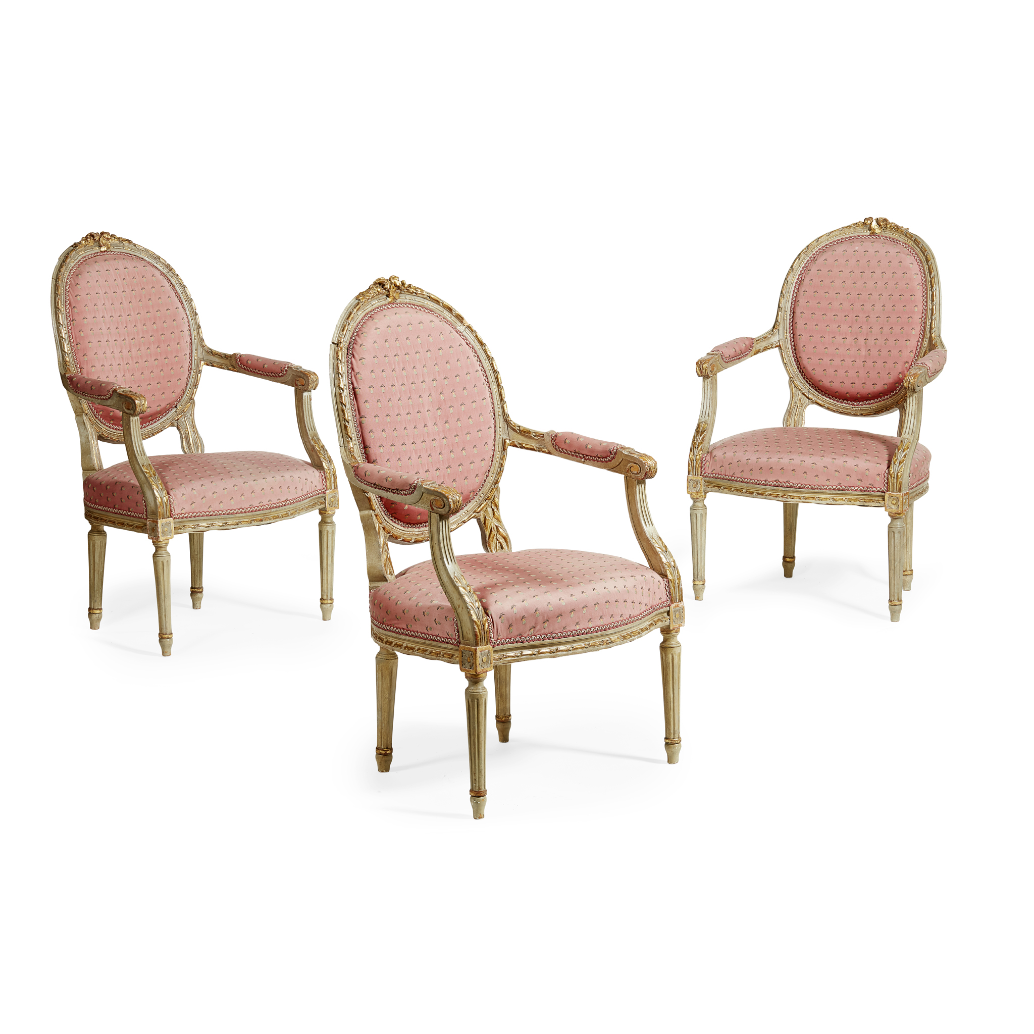 SET OF THREE LOUIS XVI STYLE PAINTED AND PARCEL GILT ARMCHAIRS