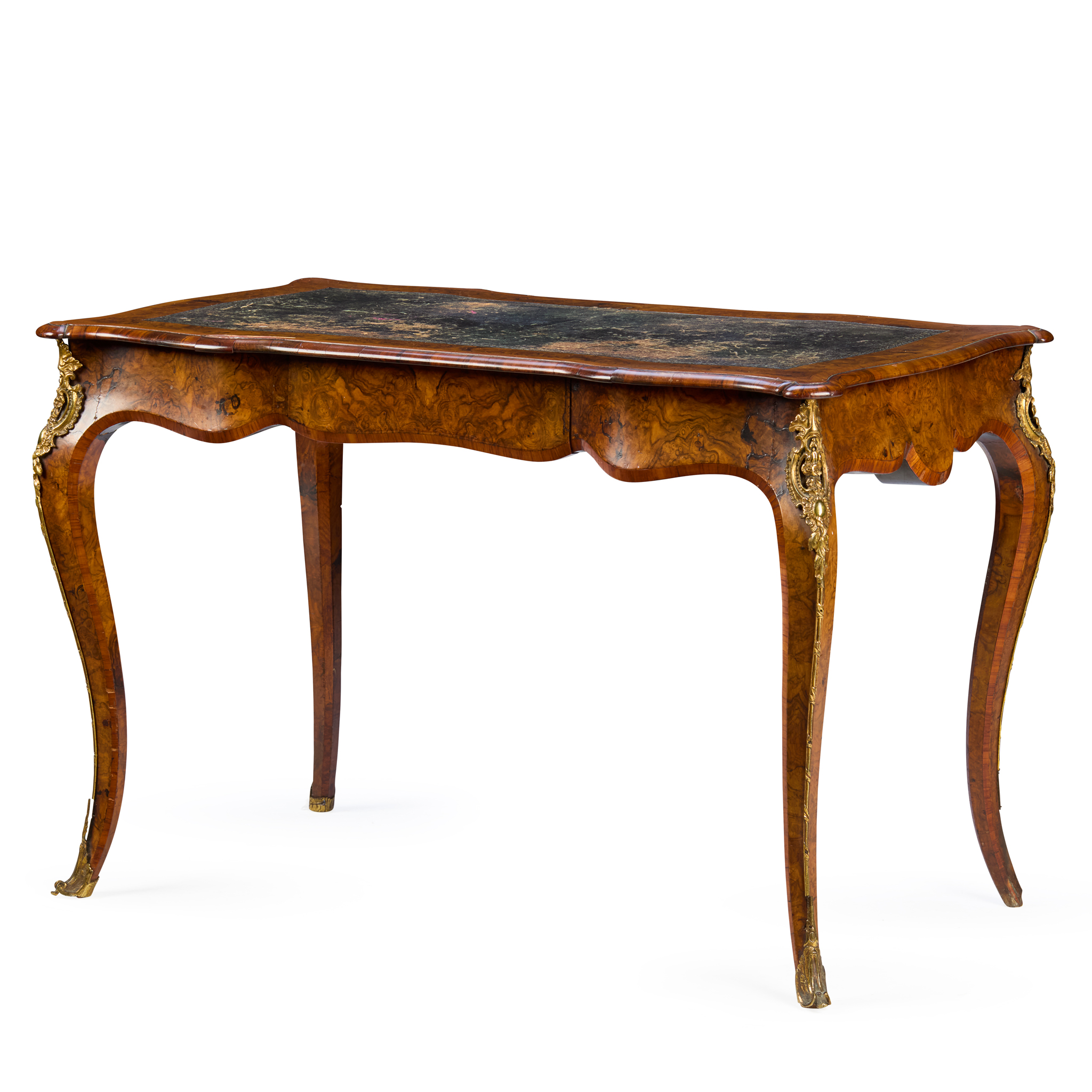 LOUIS XV STYLE WALNUT AND KINGWOOD GILT BRONZE MOUNTED BUREAU PLAT