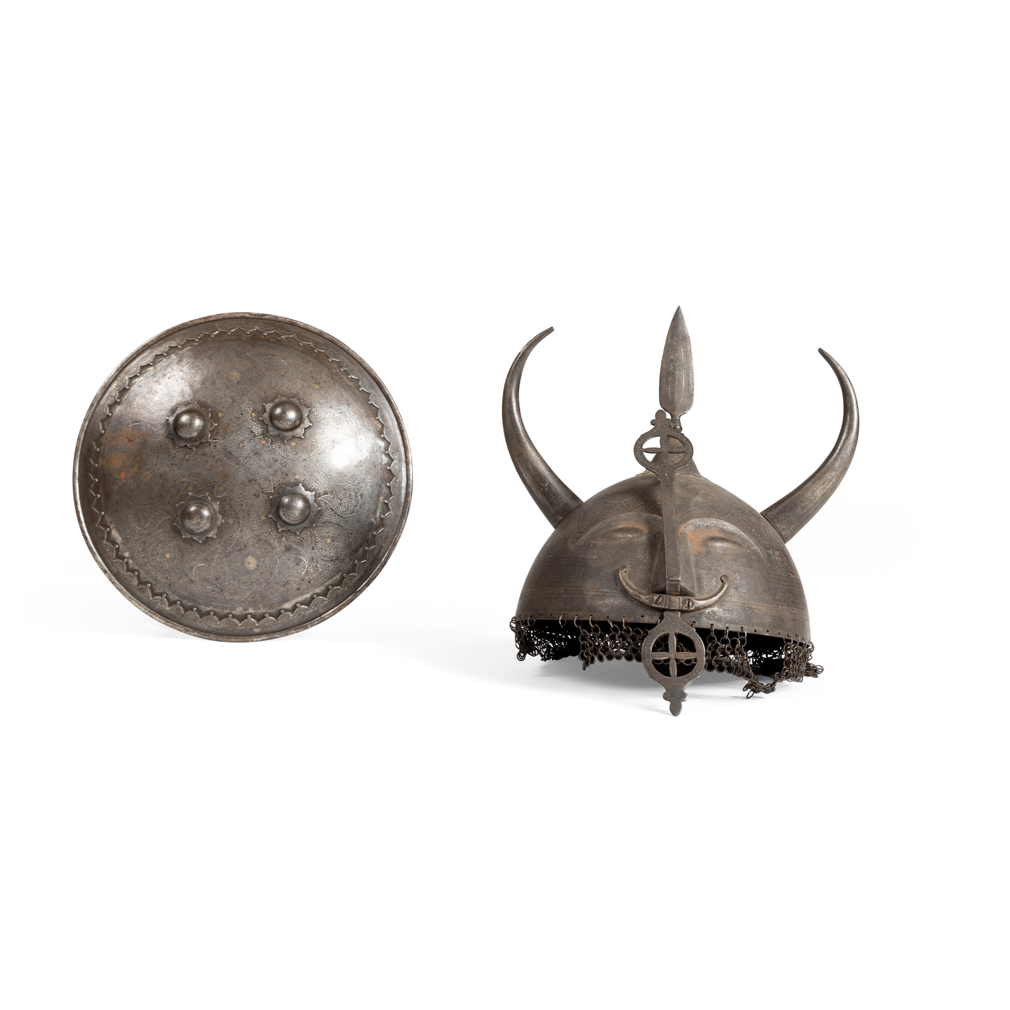 AN INDIAN HELMET (TOP) AND BUCKLER (DHAL)