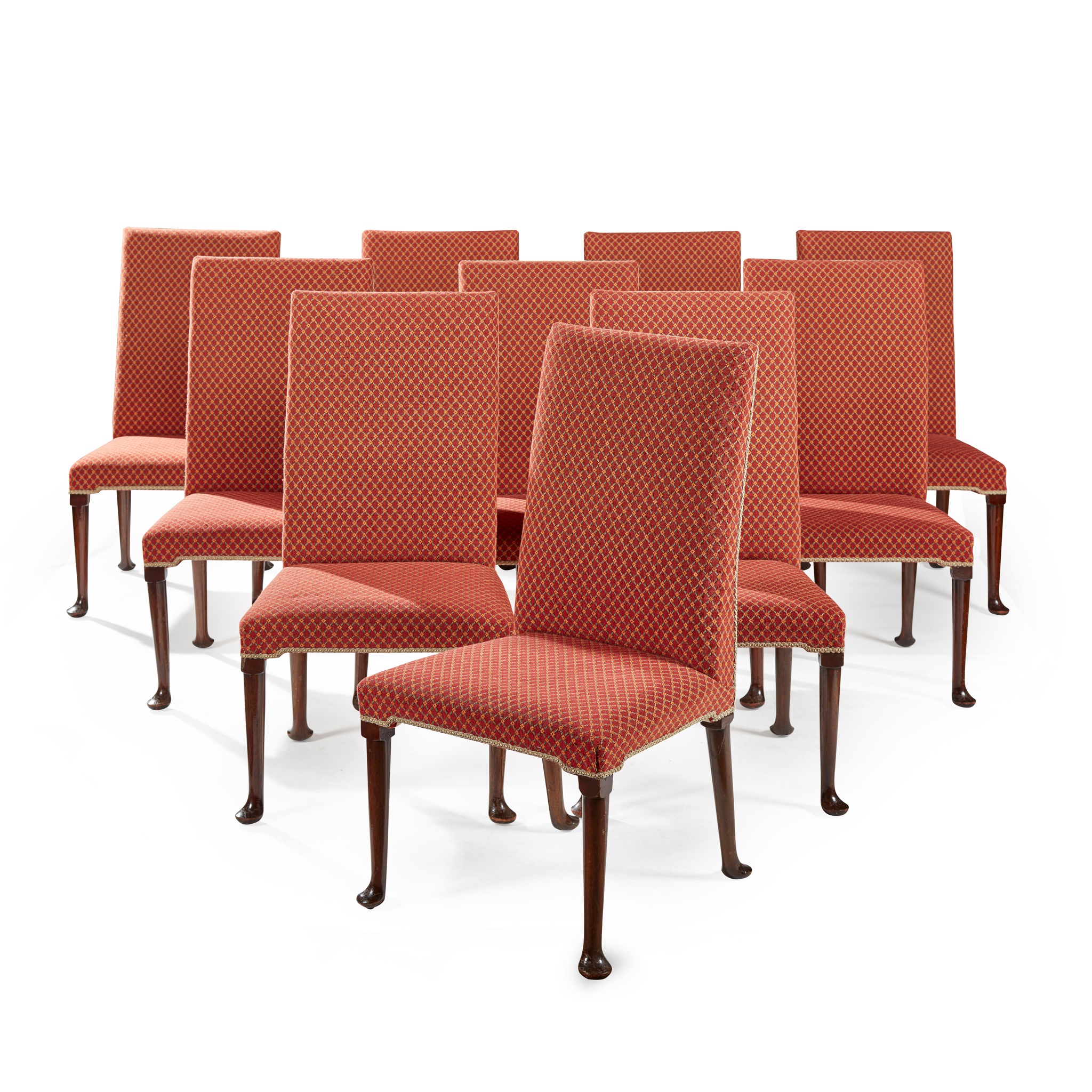 SET OF TEN GEORGIAN STYLE UPHOLSTERED MAHOGANY DINING CHAIRS