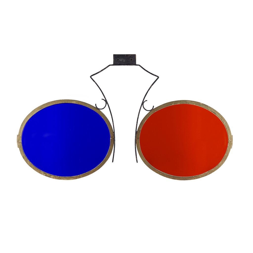 LARGE WROUGHT IRON AND COLOURED GLASS OPTOMETRIST'S TRADE SIGN