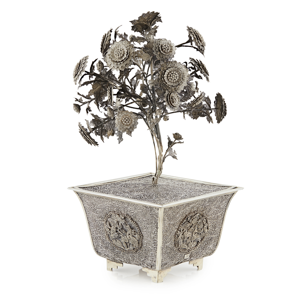 SILVER FILIGREE CHRYSANTHEMUM TREE AND JARDINIÈRE
