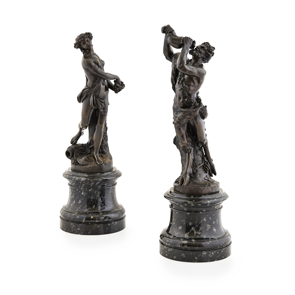 PAIR OF FRENCH BRONZE FIGURES OF A BACCHANTE AND SATYR