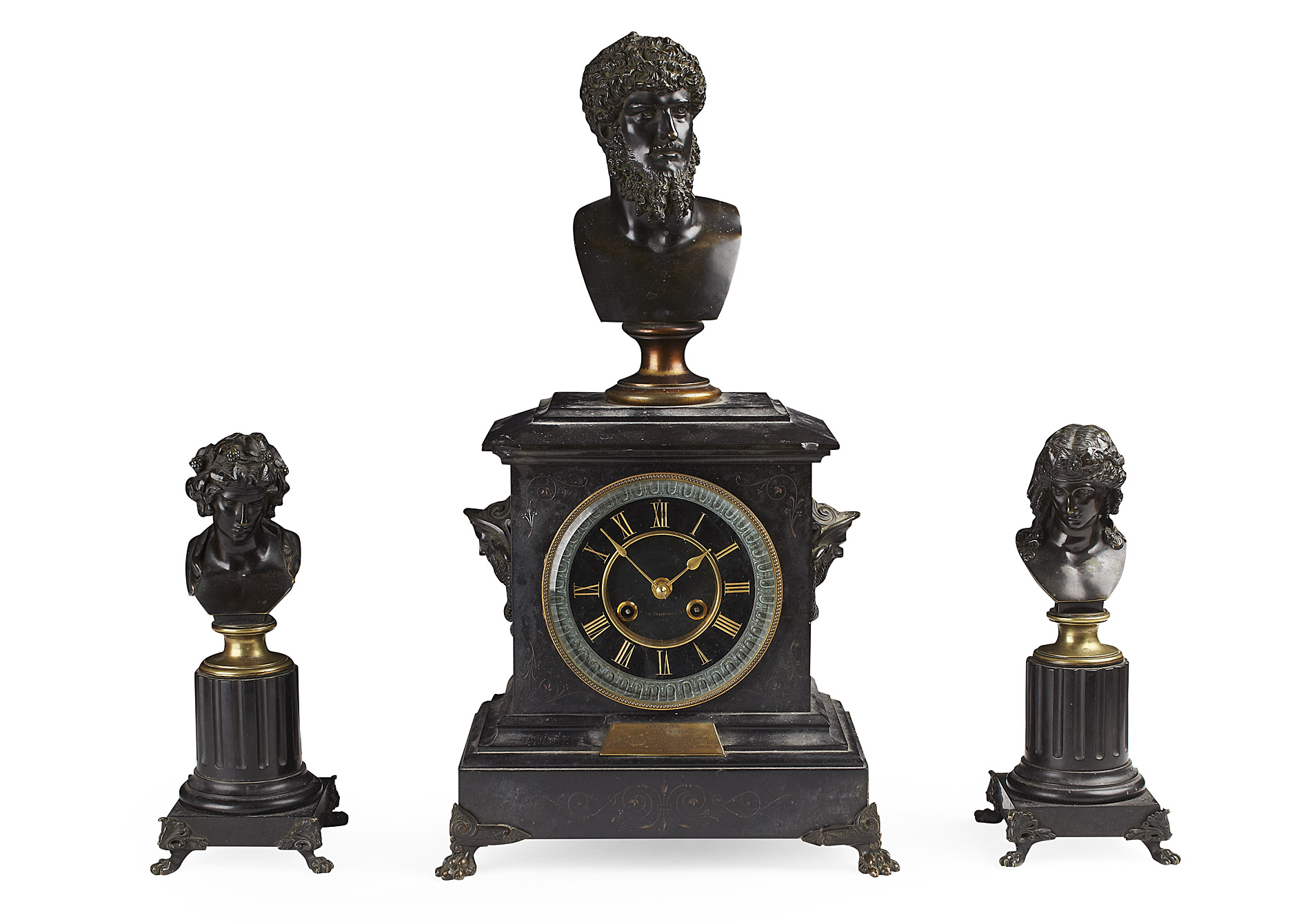 VICTORIAN BLACK SLATE AND BRONZE CLOCK GARNITURE