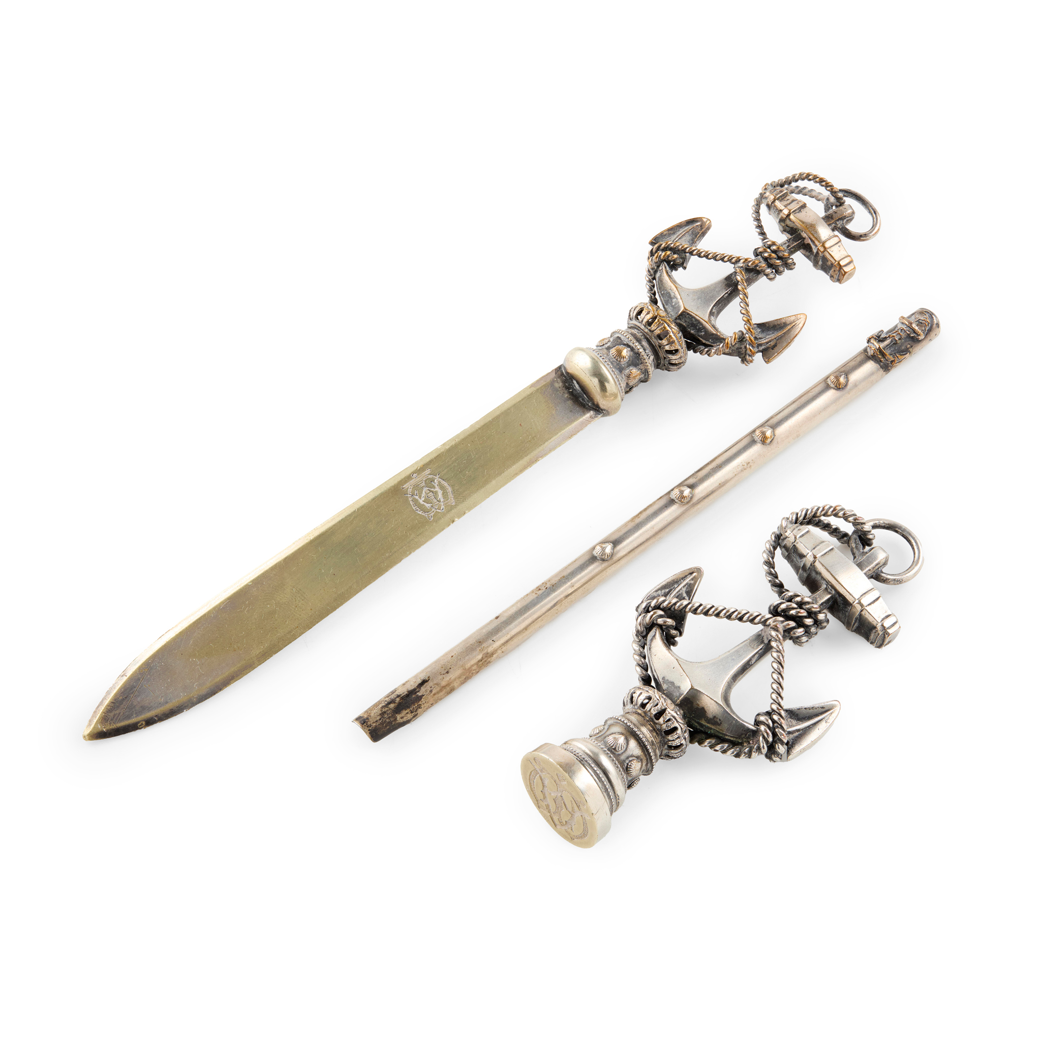 A 19TH CENTURY FRENCH SILVER-PLATED NAVAL ARTILLERY SEAL SET