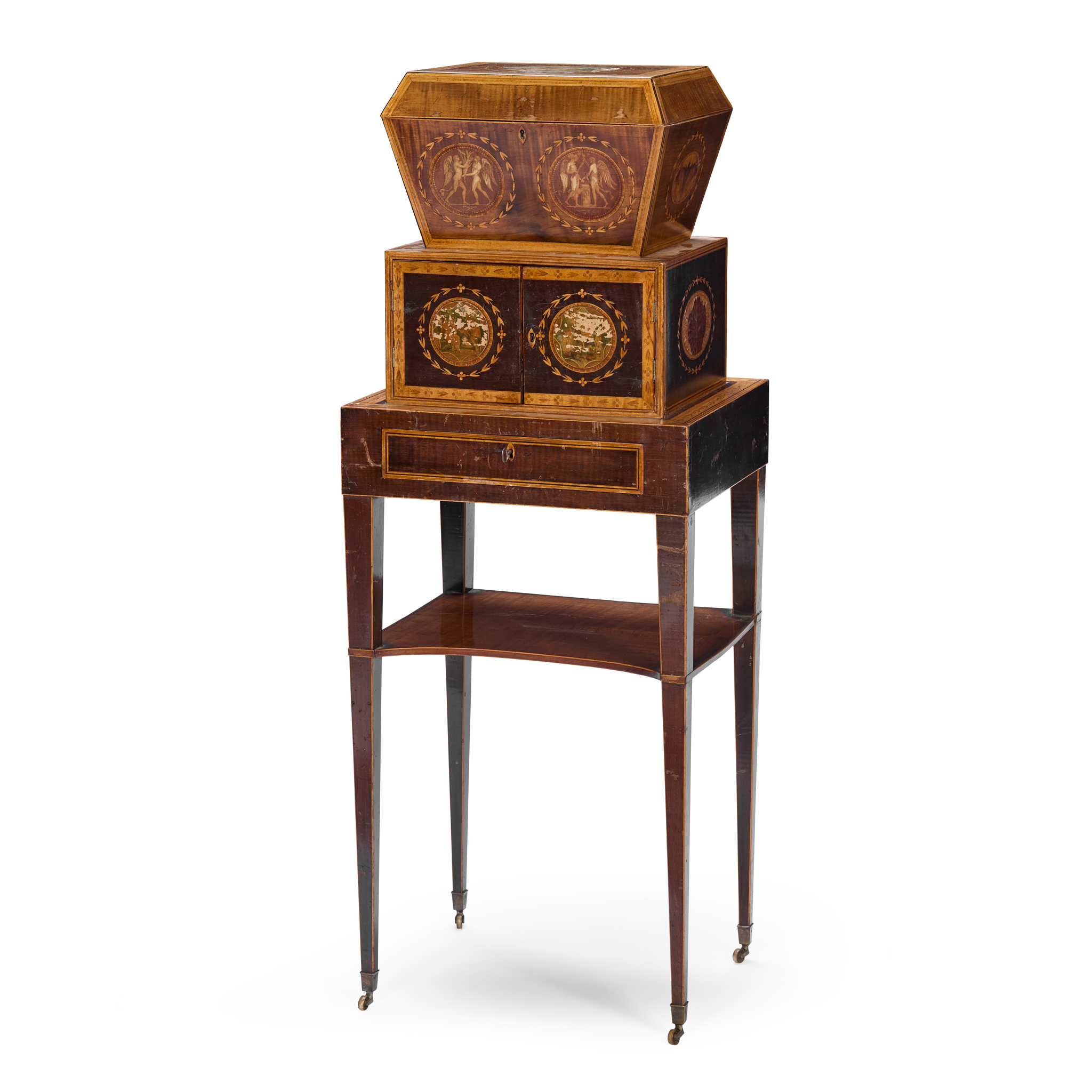 LATE GEORGE III SATINWOOD, SYCAMORE, AMARANTH AND PAPER PRINT MOUNTED WORK BOX TABLE