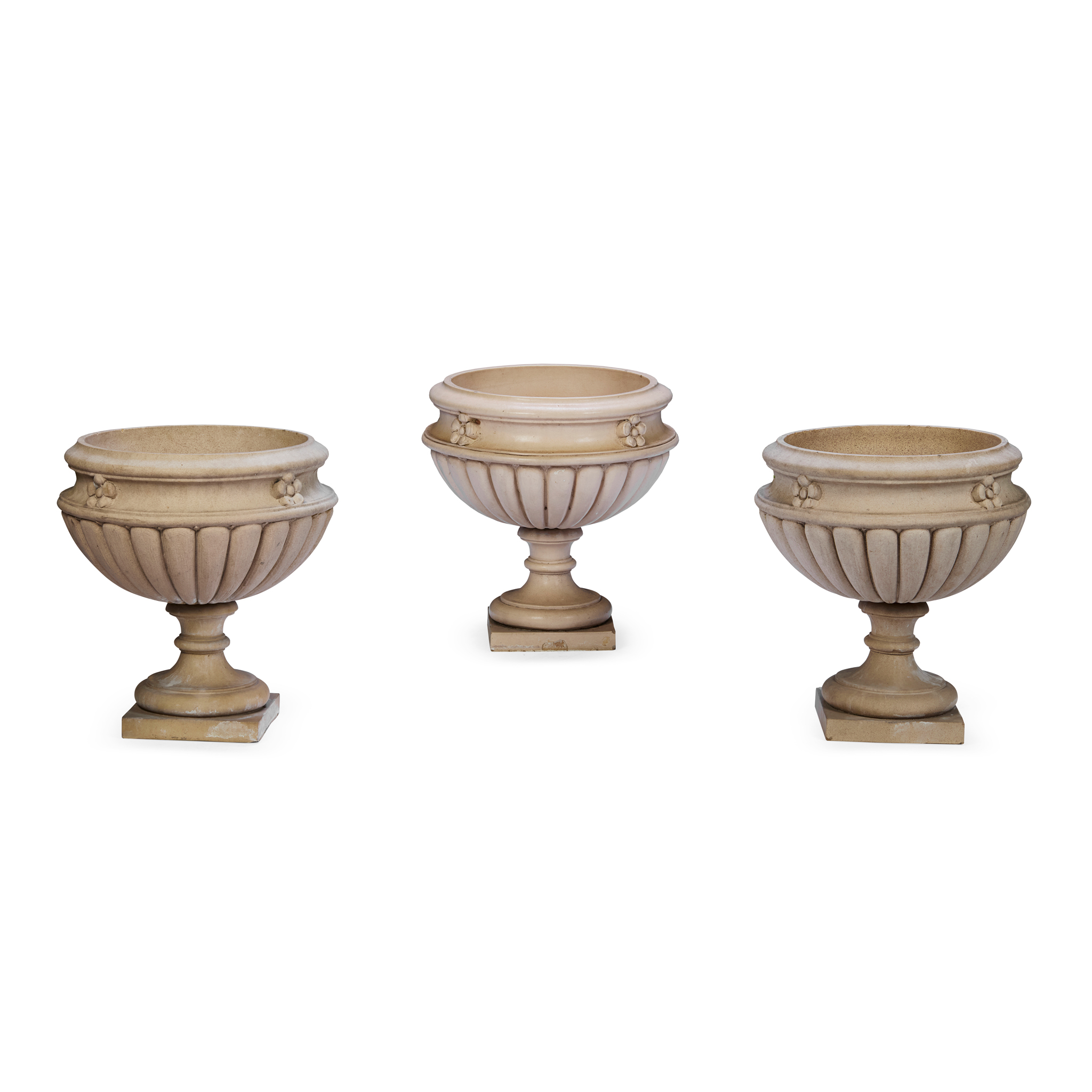 SET OF THREE GLAZED POTTERY GARDEN URNS, BY LEEDS FIRECLAY POTTERY