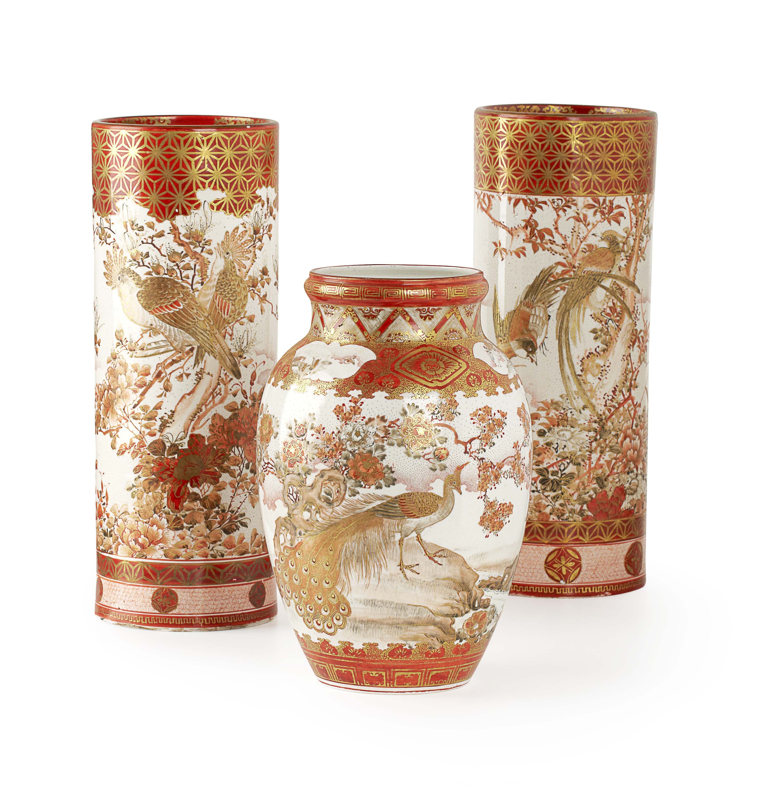 PAIR OF JAPANESE KUTANI PORCELAIN CYLINDRICAL VASES