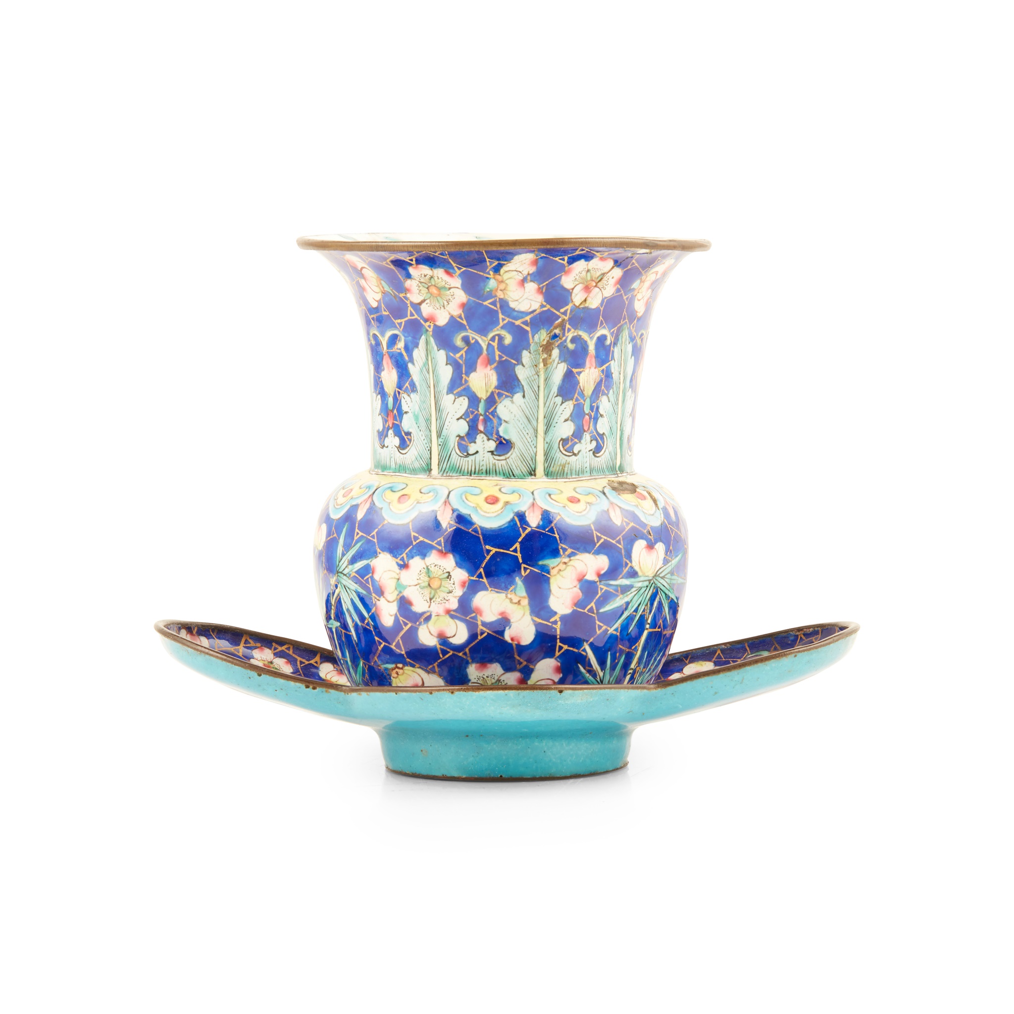 CANTON ENAMEL BLUE-GROUND VASE WITH STAND, ZHADOU