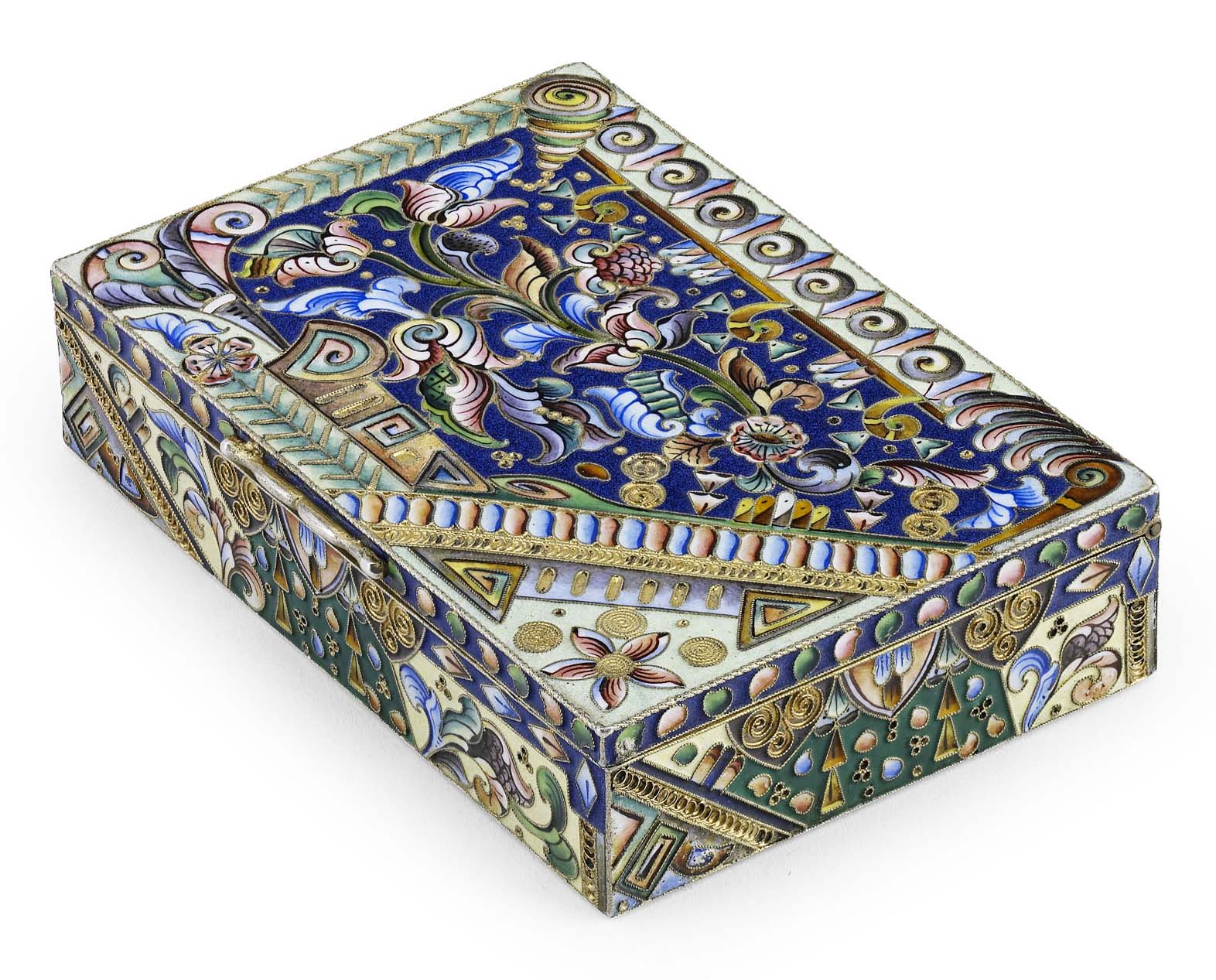 A Russian silver-gilt and shaded cloisonné enamel cigarillo box
