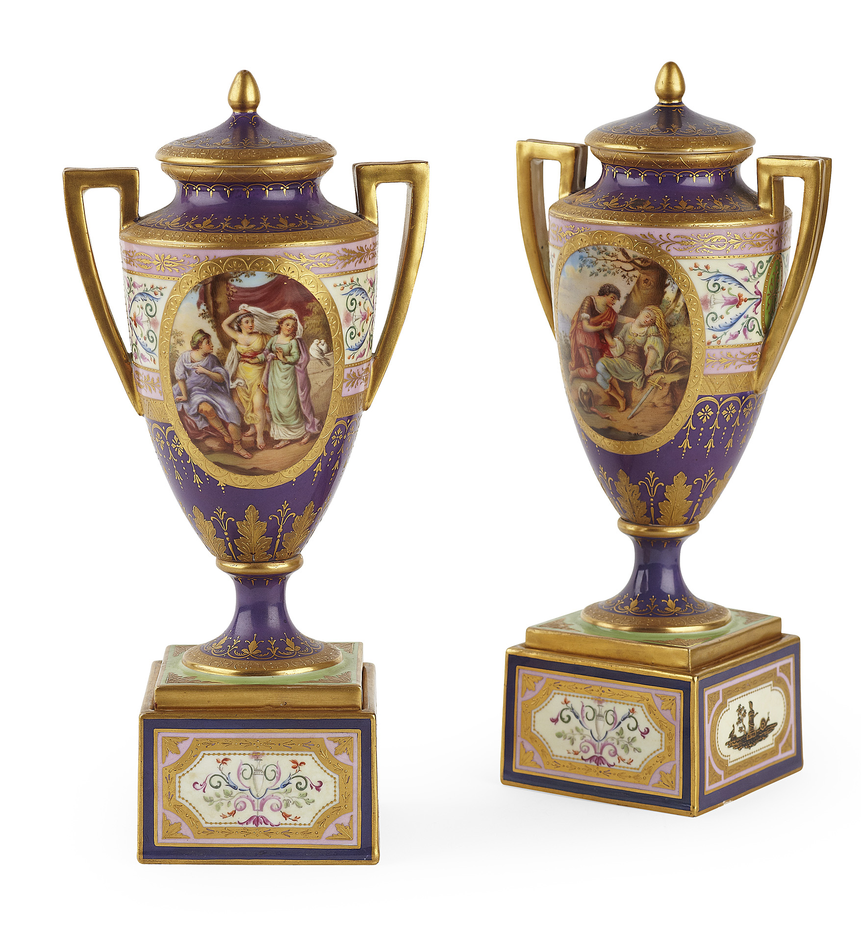 PAIR OF VIENNA PORCELAIN COVERED VASES AND STANDS