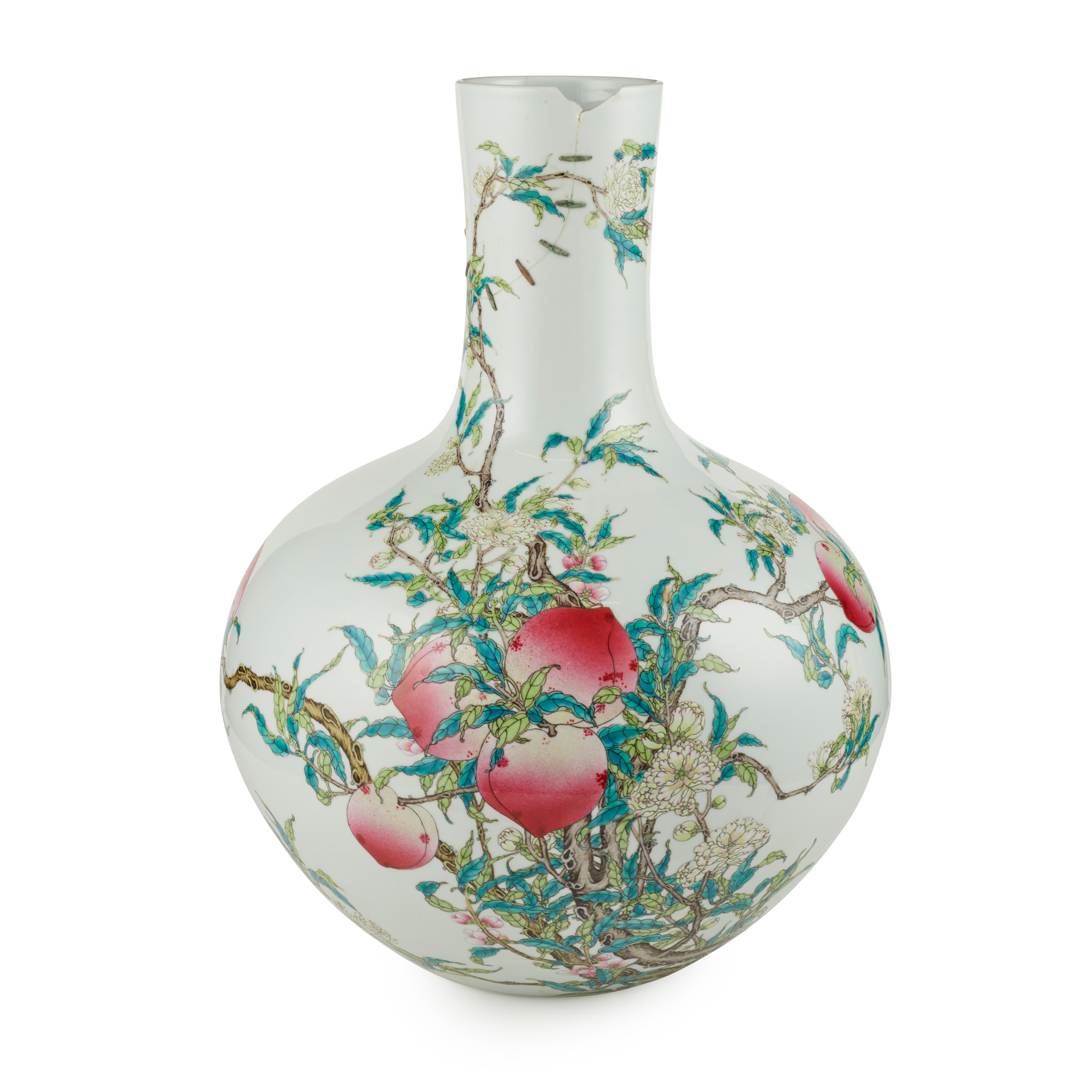 LARGE FAMILLE ROSE 'PEACH' BOTTLE VASE