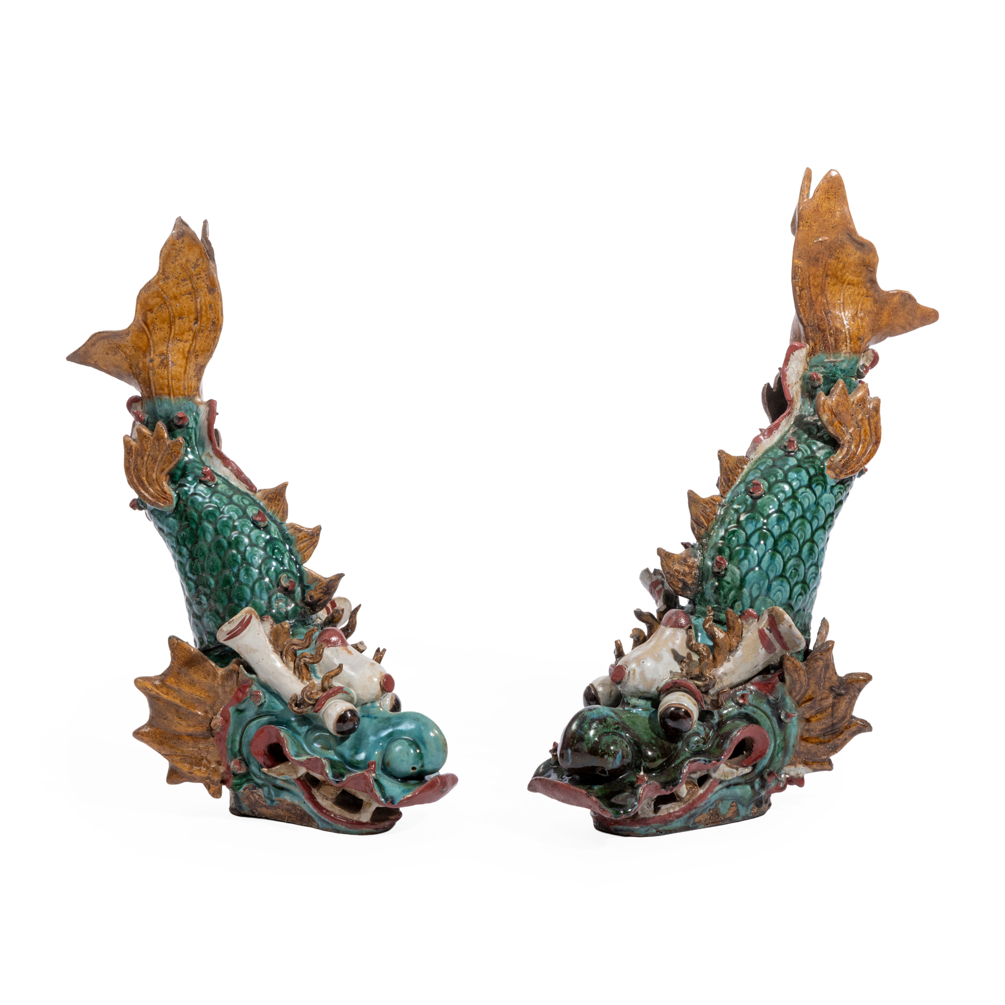 PAIR CHINESE POLYCHROME GLAZE TERRACOTTA ROOF FINIALS