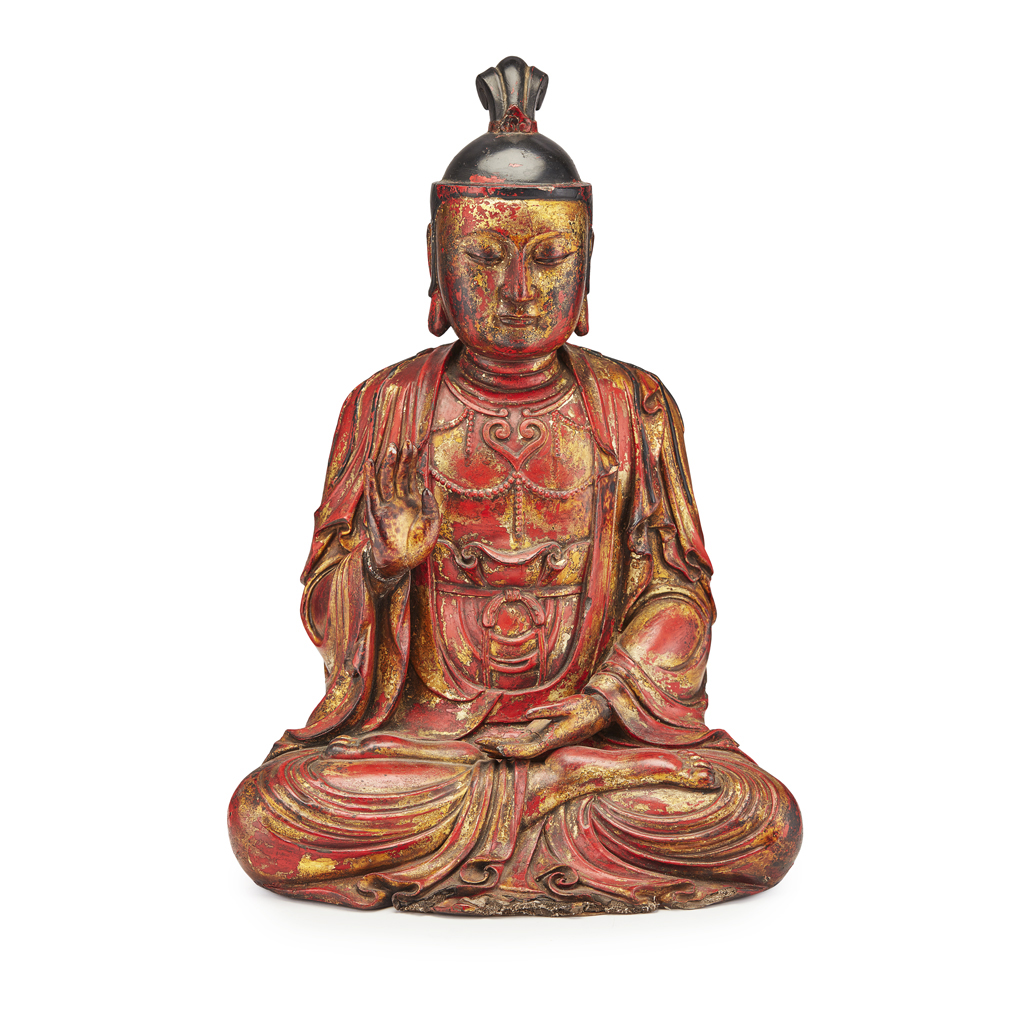 LACQUERED AND GILT WOOD FIGURE OF A SEATED BODHISATTVA