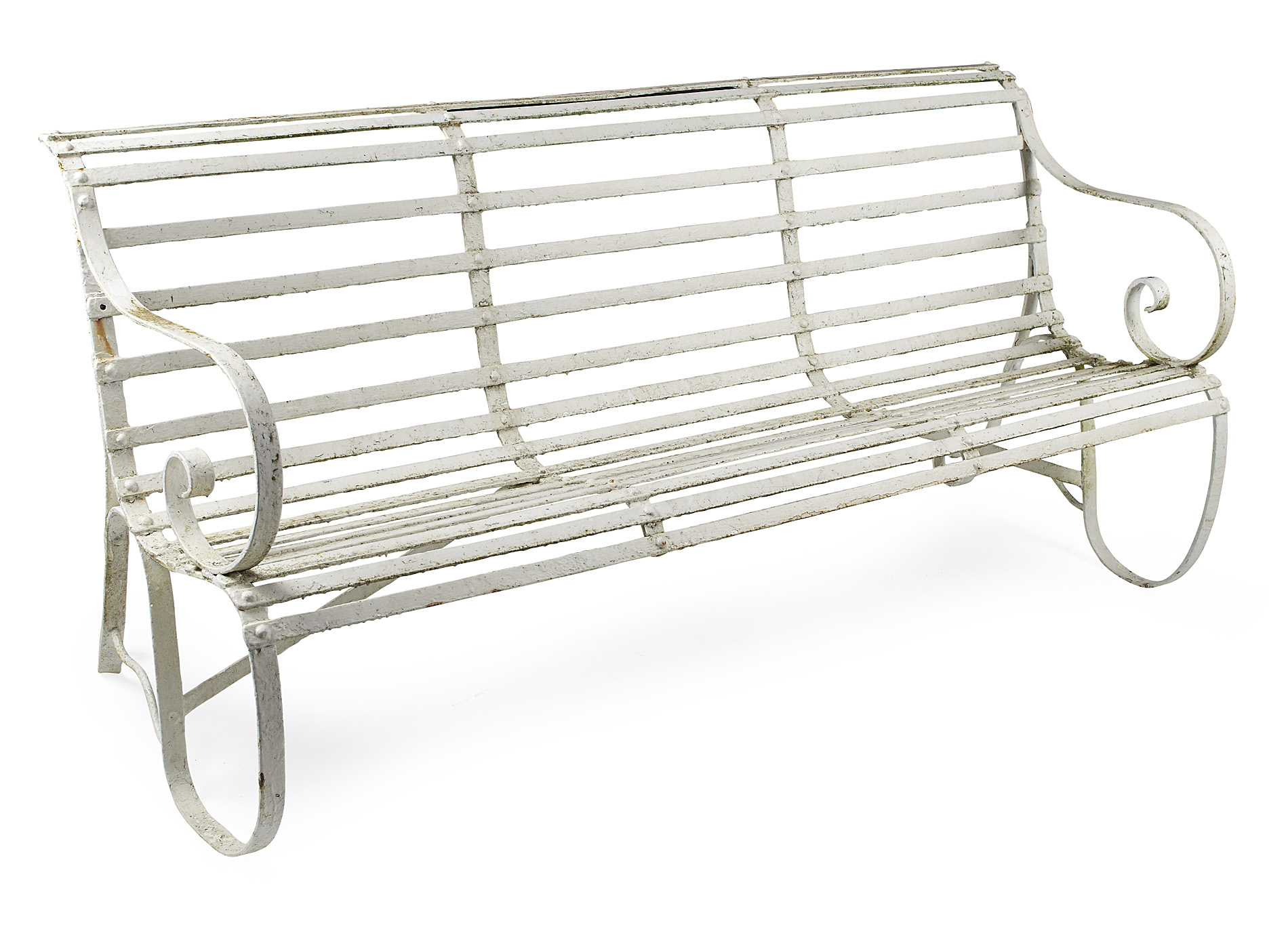 REGENCY STYLE WHITE PAINTED WROUGHT IRON GARDEN BENCH