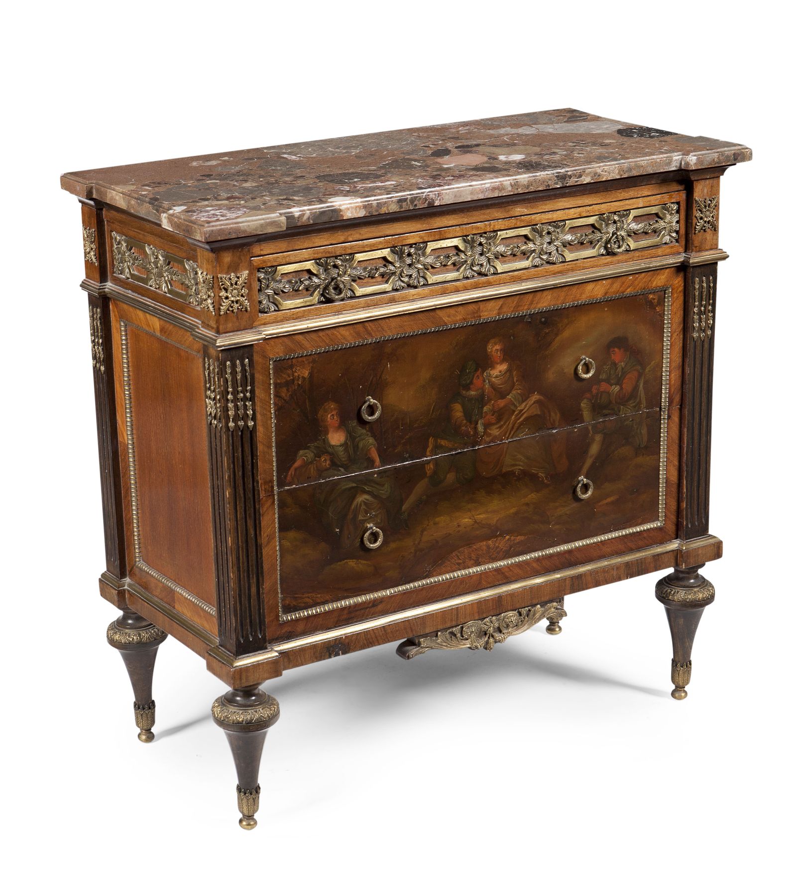 LOUIS XVI STYLE KINGWOOD AND VERNIS MARTIN MARBLE TOP COMMODE