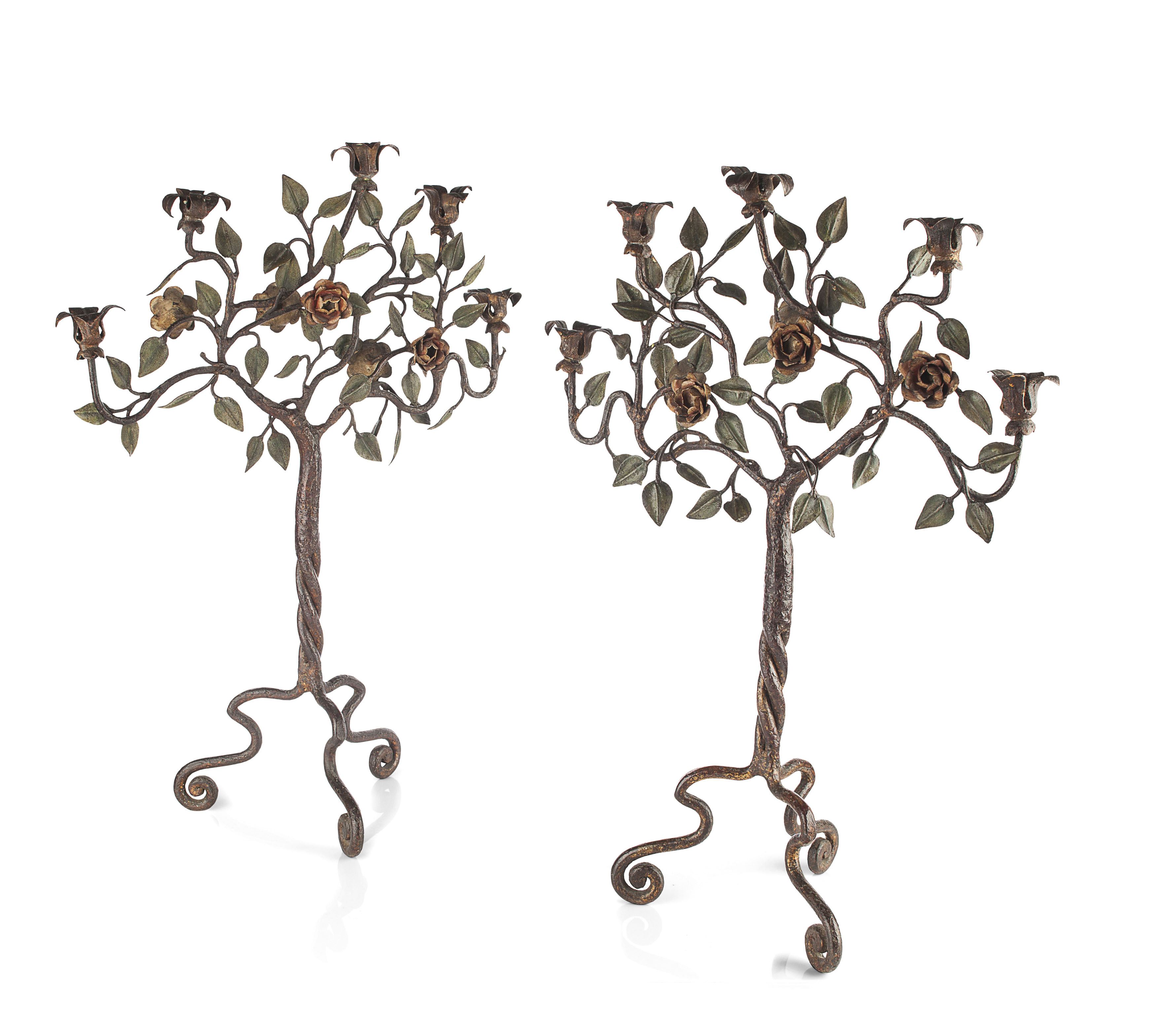 PAIR OF PAINTED WROUGHT IRON CANDELABRA