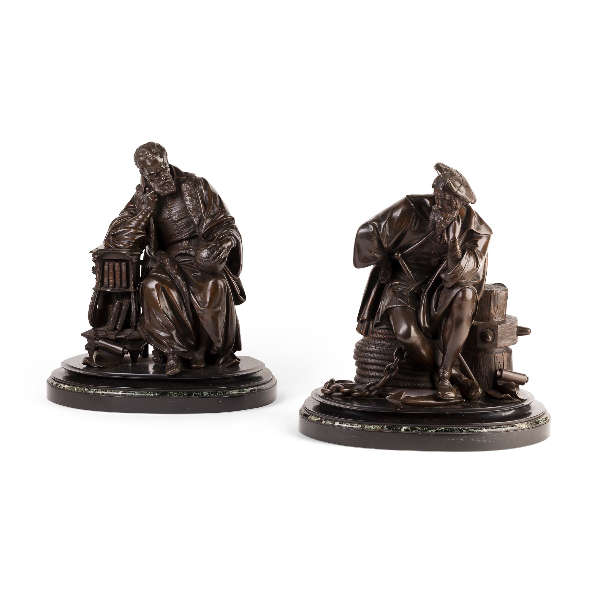 PAIR OF FRENCH PATINATED BRONZE FIGURES OF VASCO DA GAMA AND AMERIGO VESPUCCI