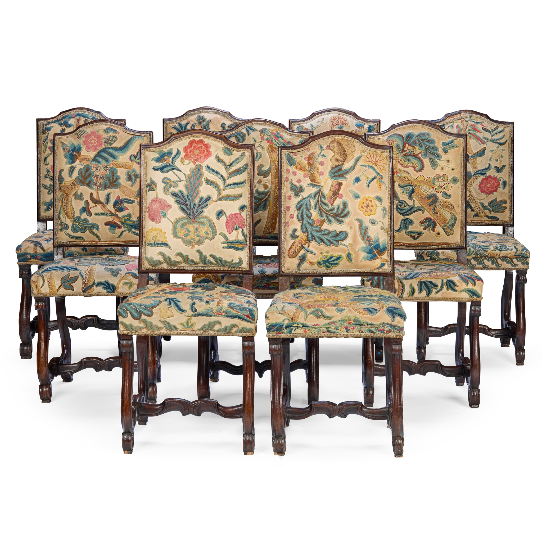 SET OF NINE WILLIAM AND MARY WALNUT AND NEEDLEWORK SIDE CHAIRS