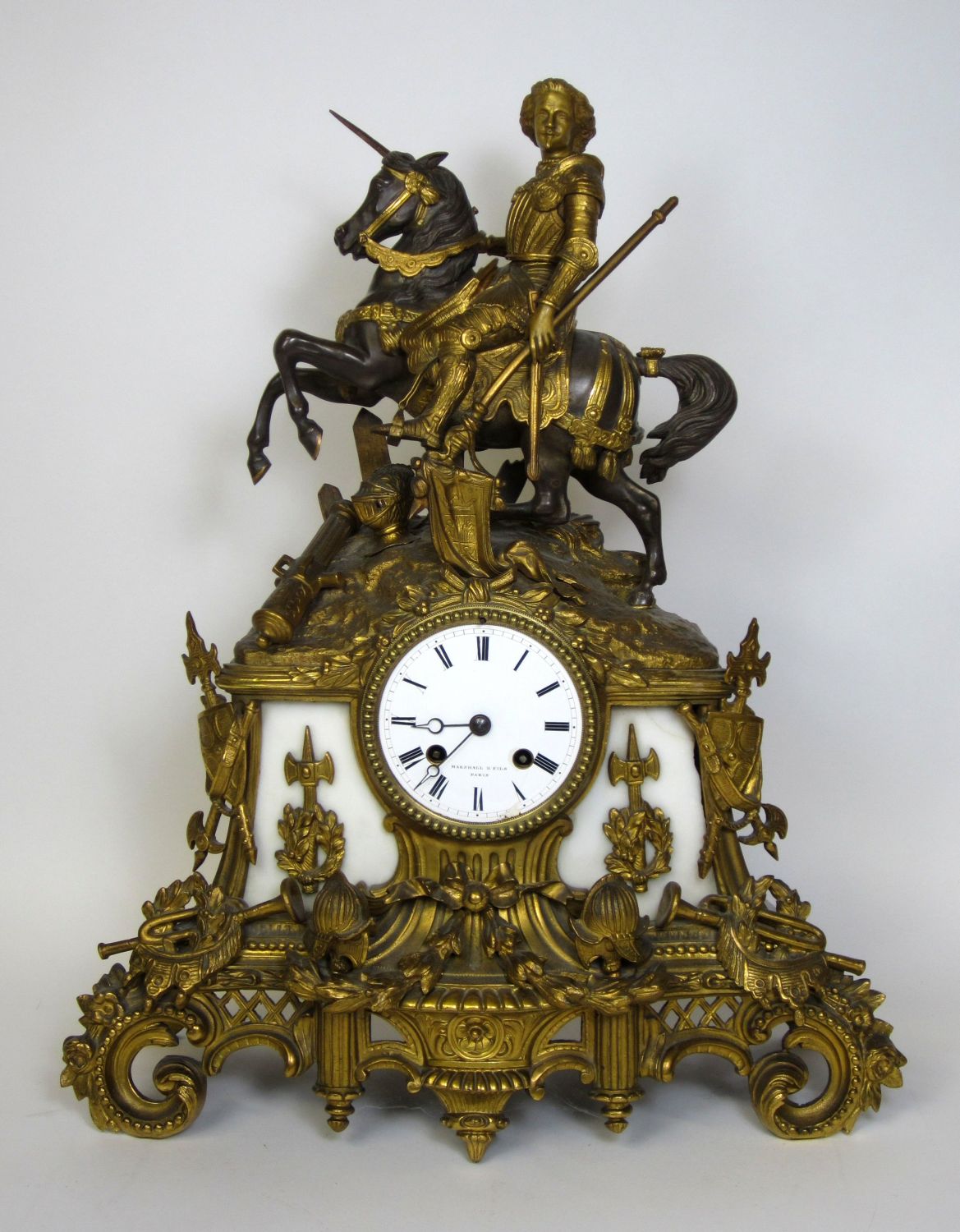 FRENCH GILT METAL MANTLE CLOCK, BY MARSHALL & FILS
