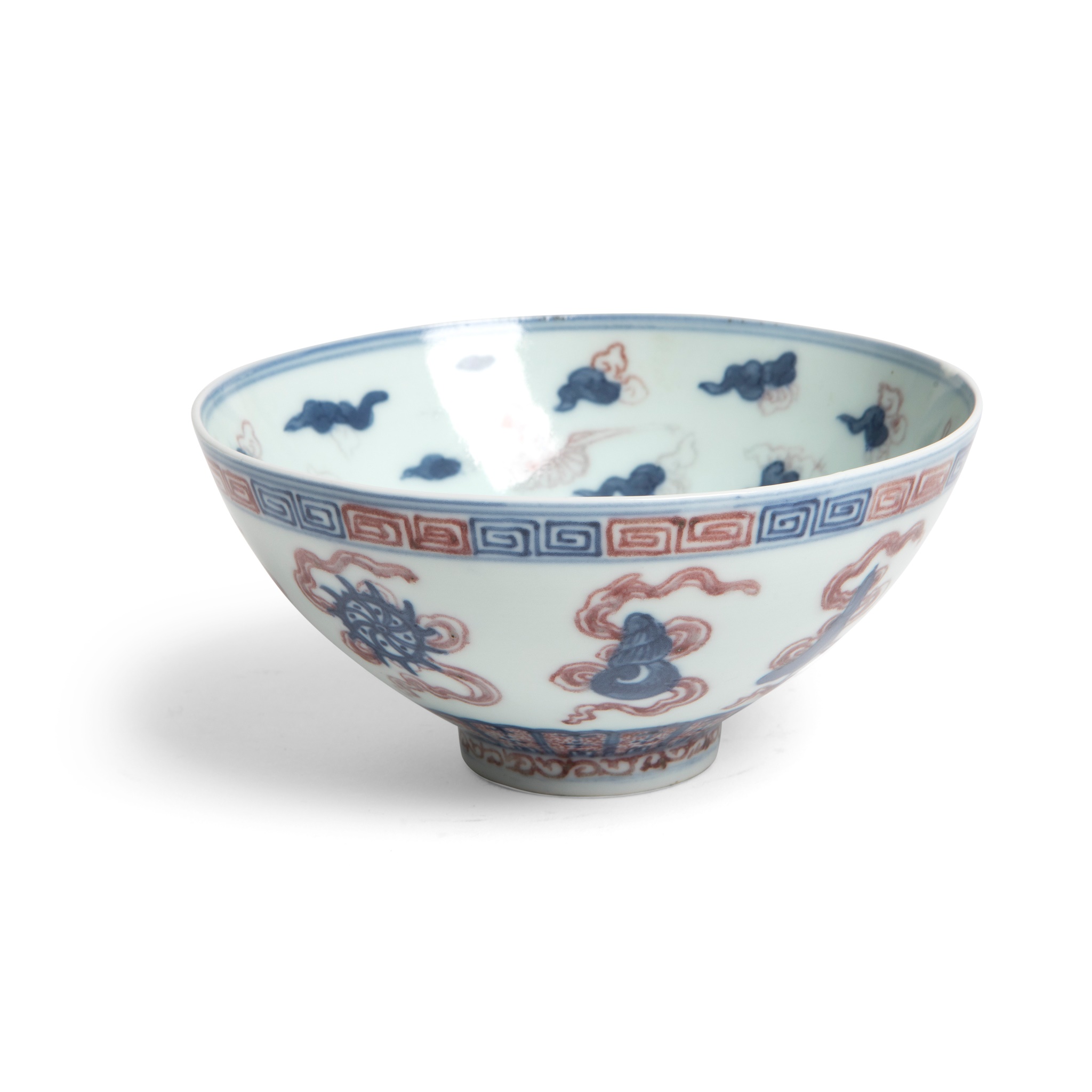 BLUE AND WHITE UNDERGLAZE RED 'BUDDHIST EMBLEMS' BOWL