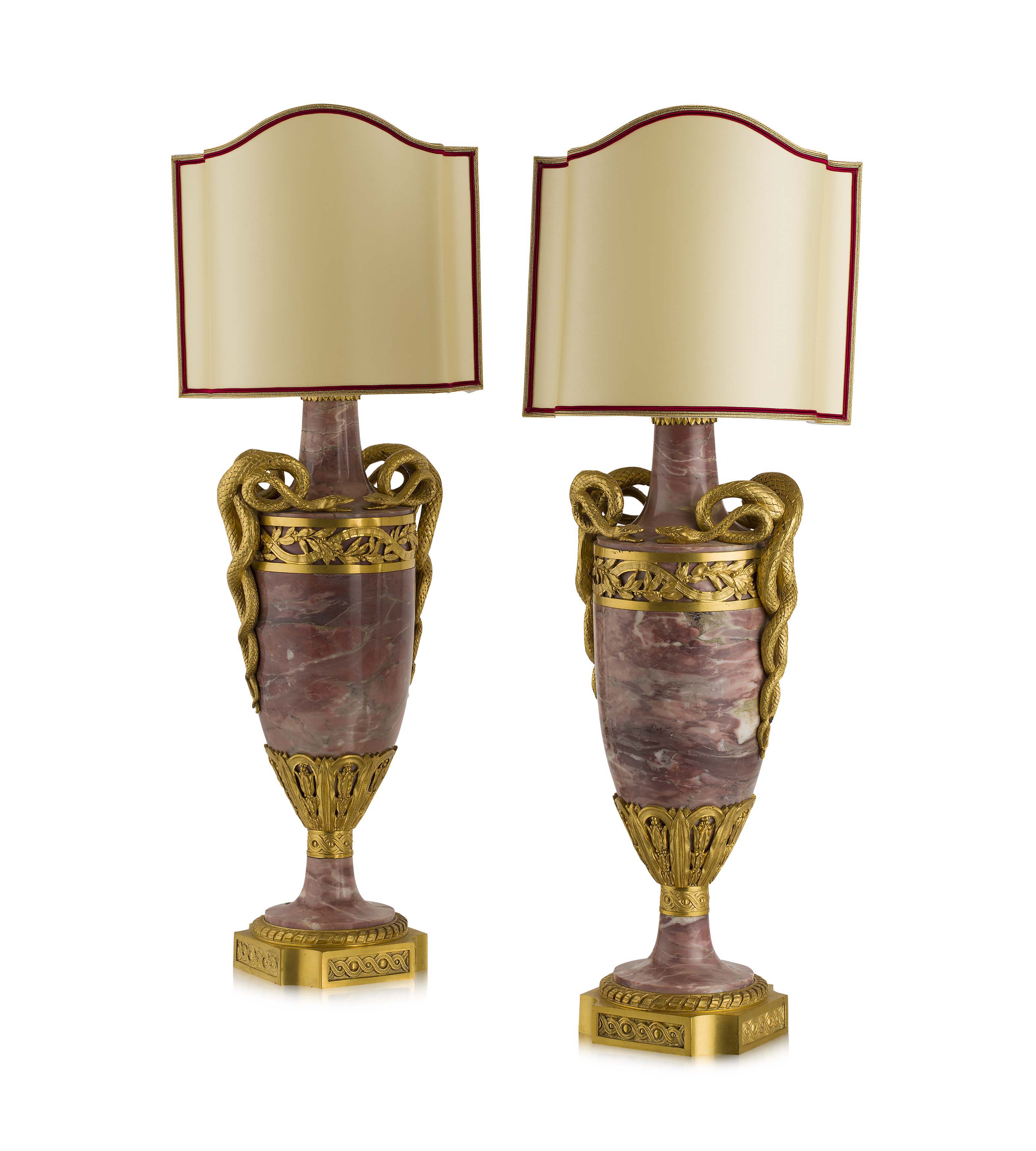 PAIR OF FRENCH PINK MARBLE AND ORMOLU LAMPS