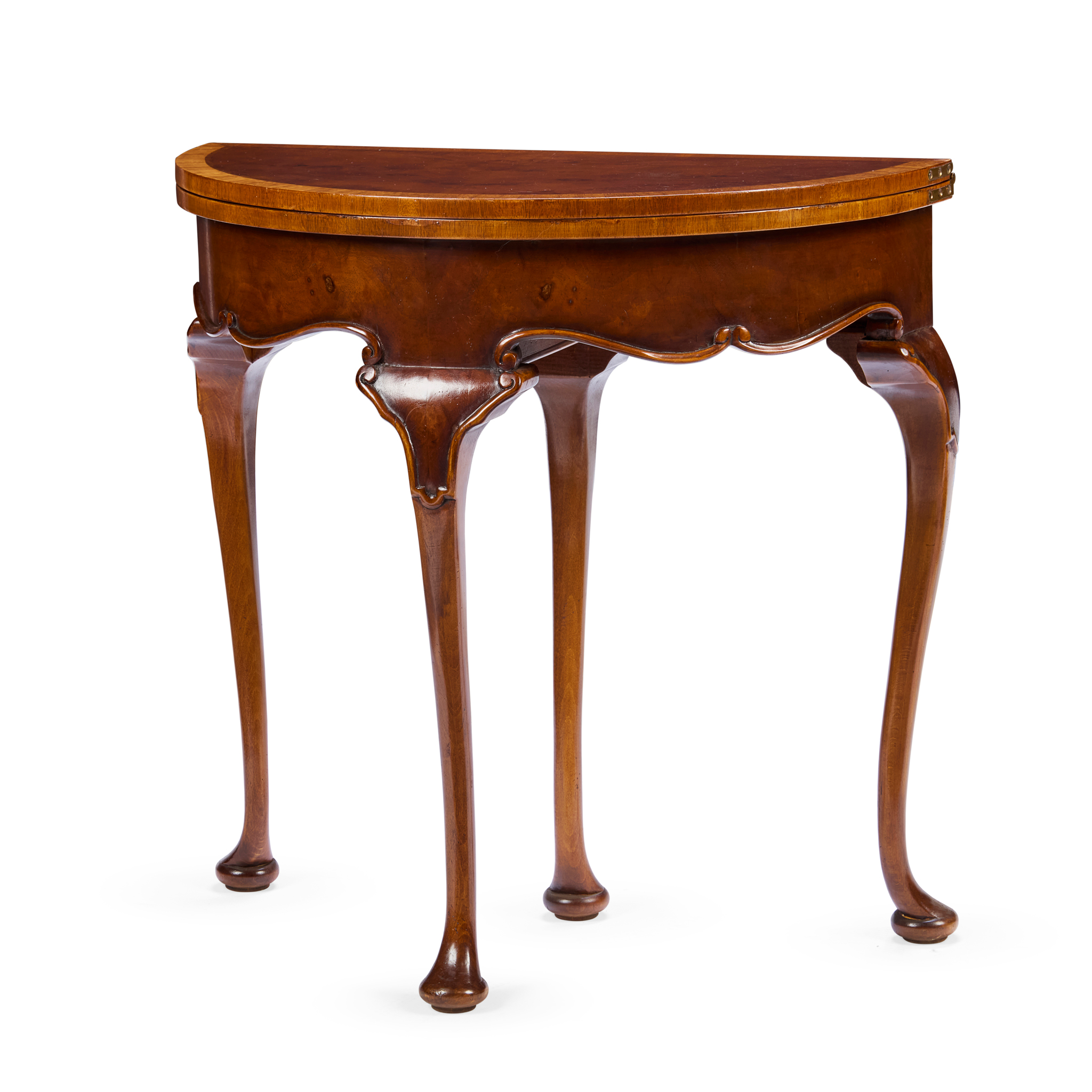 GEORGE II STYLE WALNUT AND SATIN BIRCH CARD TABLE