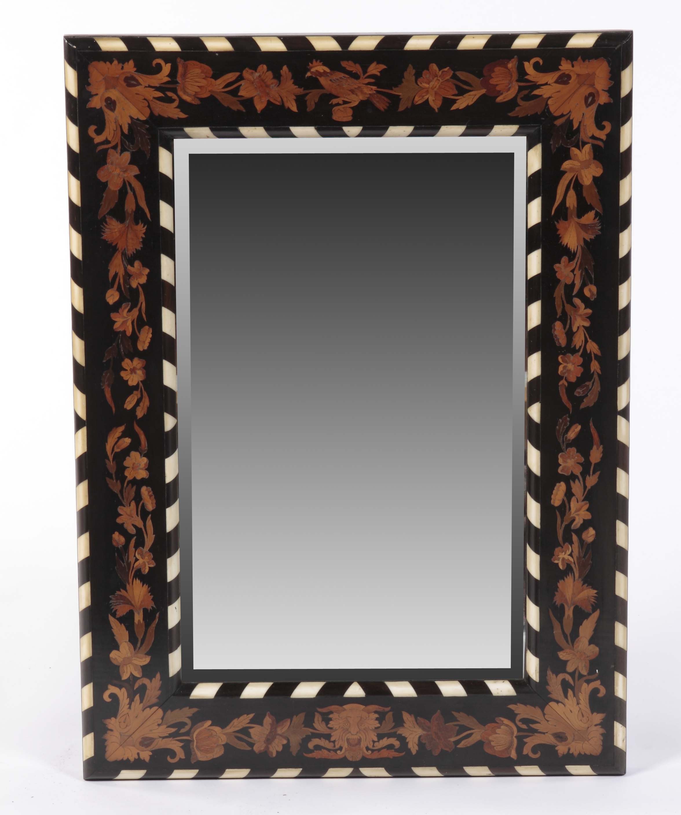 A 19th century Dutch ebonised walnut and floral marquetry strut mirror