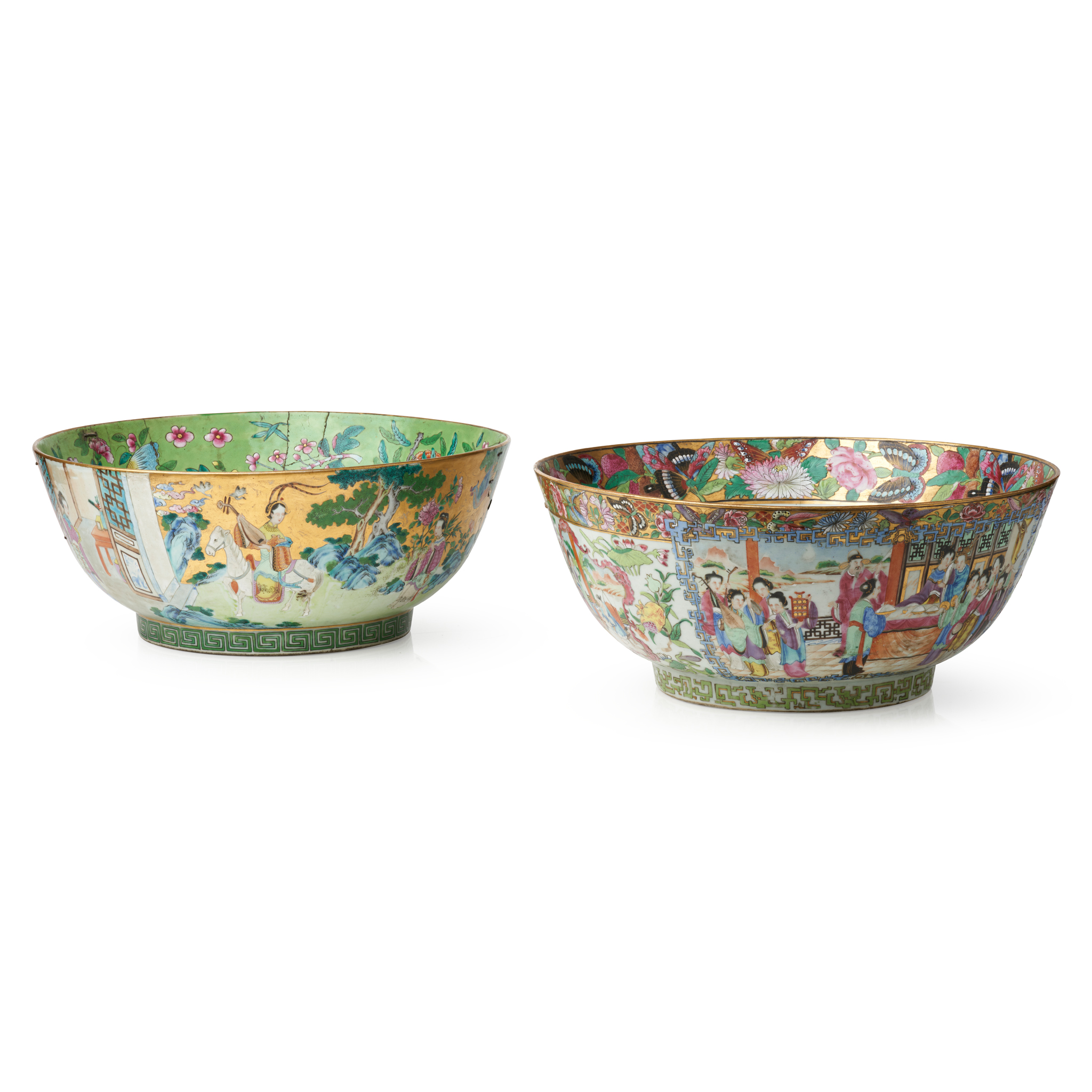 TWO FAMILLE ROSE PUNCH BOWLS