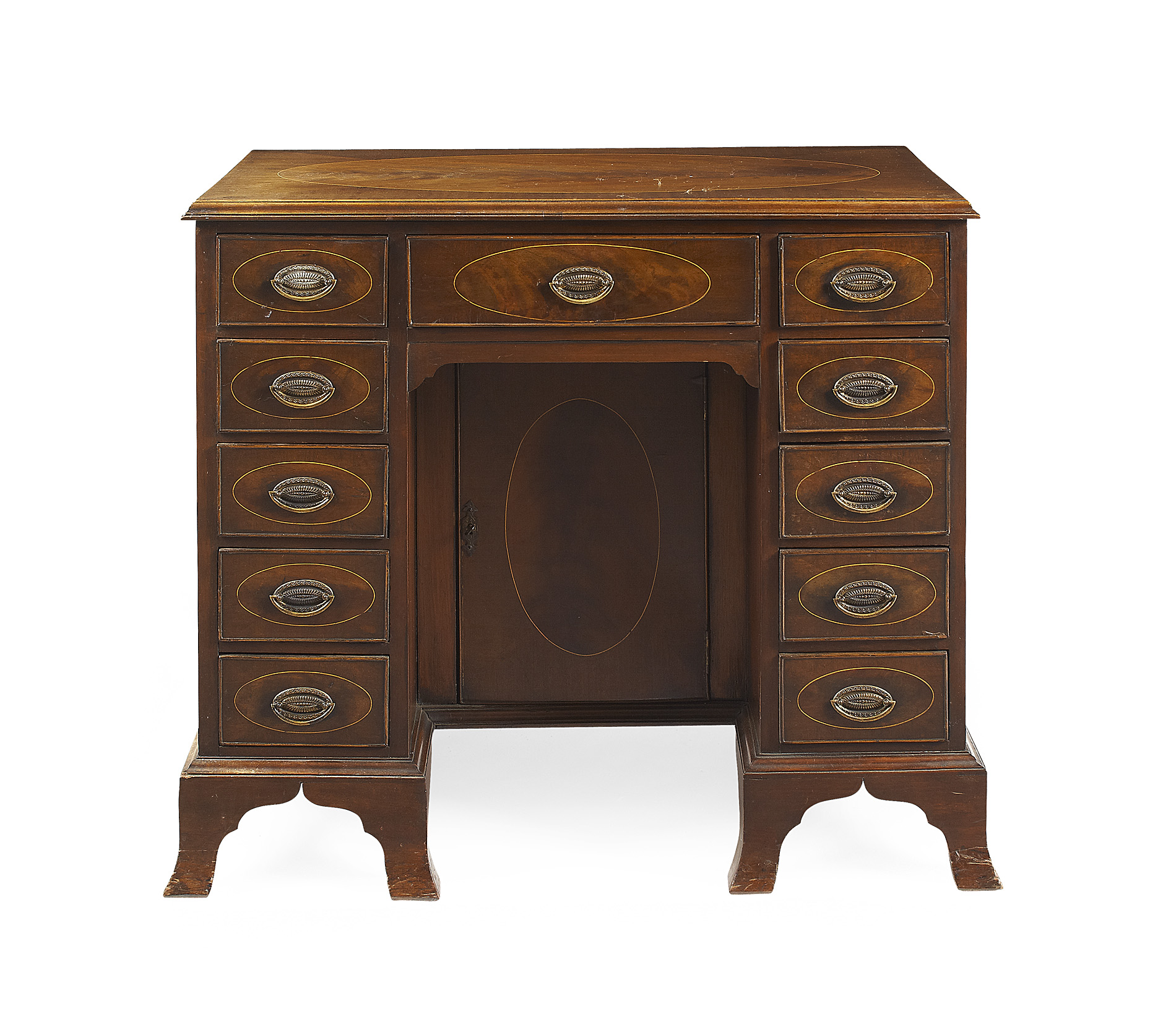 GEORGE III STYLE MAHOGANY AND INLAID KNEEHOLE DESK