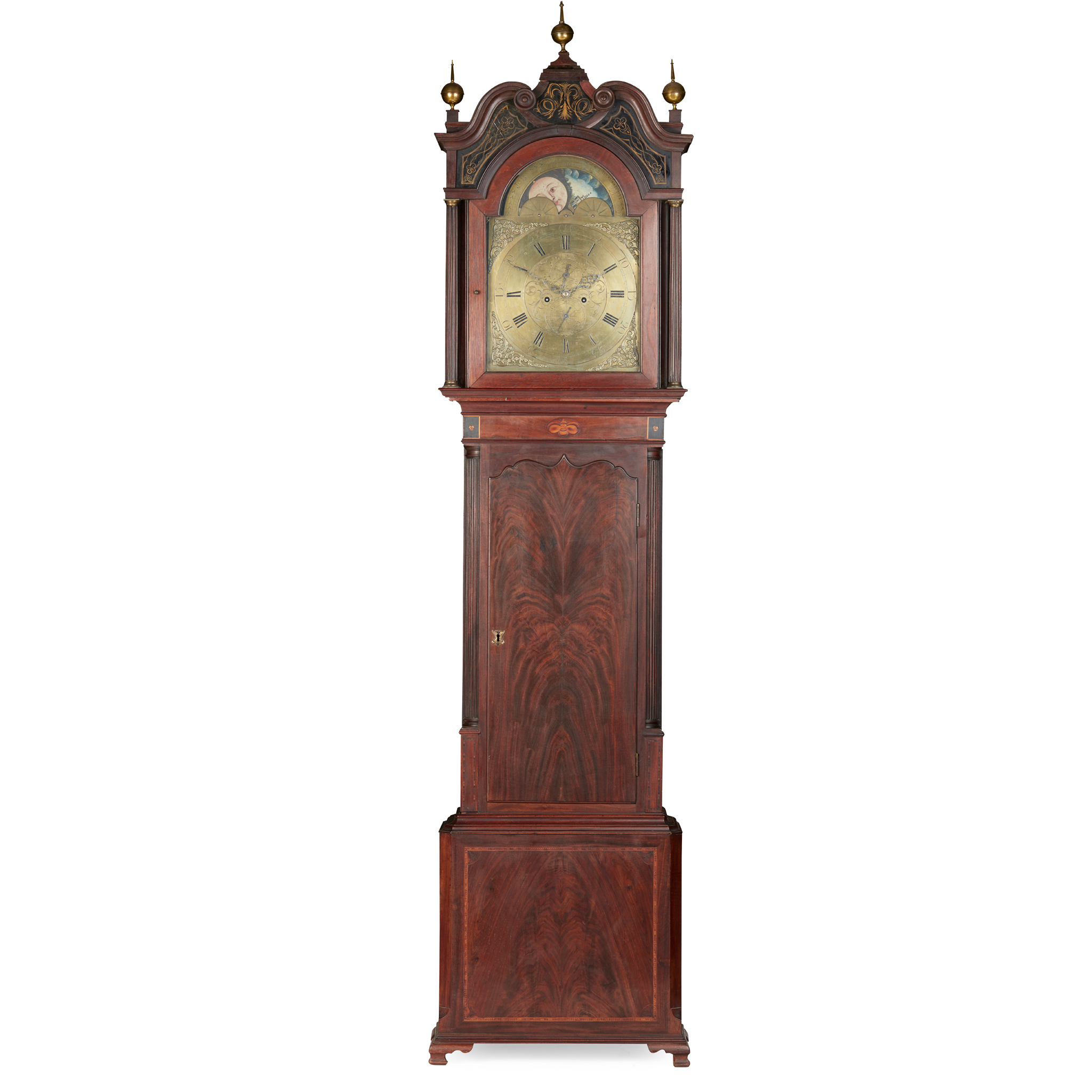 ENGLISH MAHOGANY MOONPHASE LONGCASE CLOCK, BY JOHN HAWORTH, HEATON