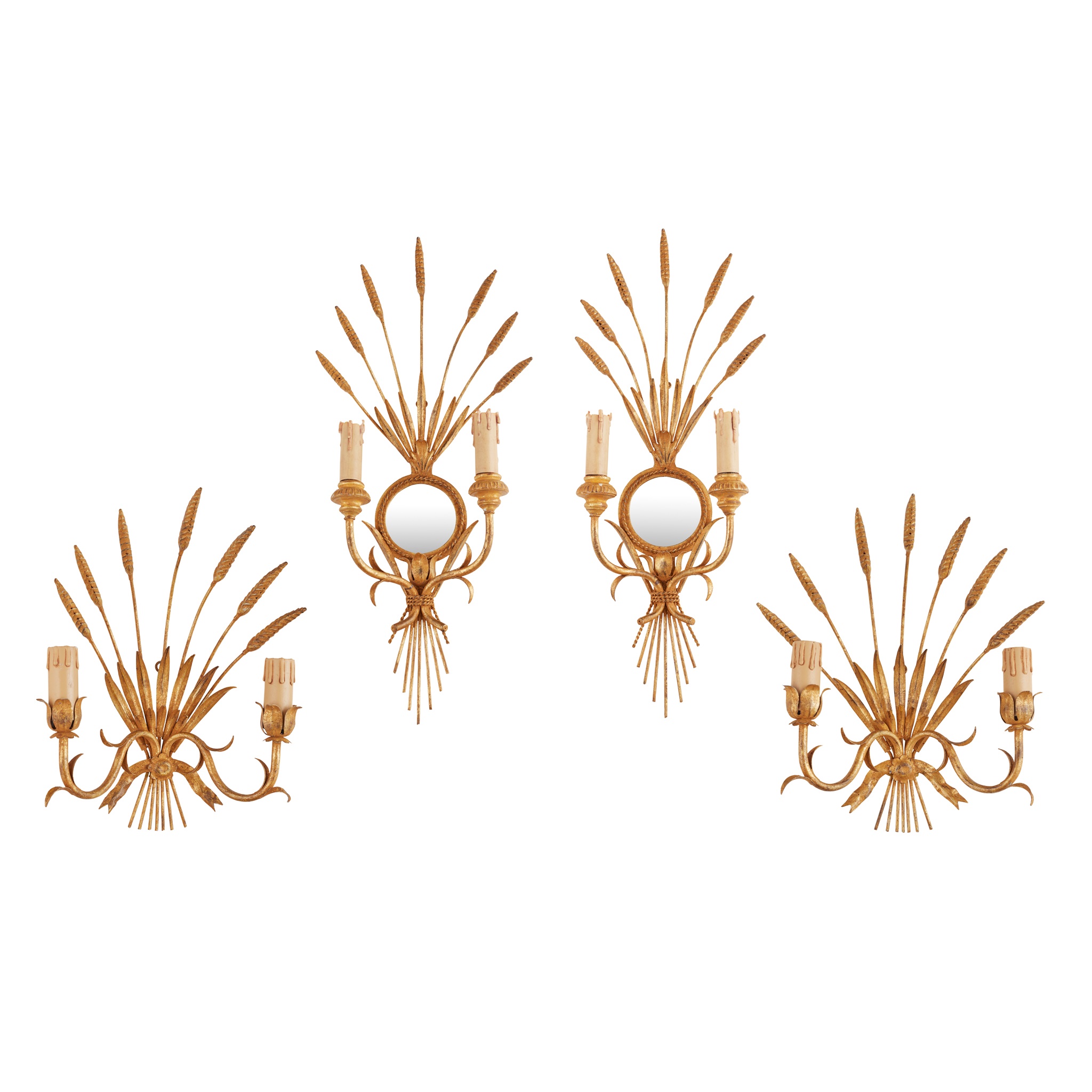 FOUR PAIRS OF GILT METAL WALL LIGHTS, BY BEAUMONT & FLETCHER