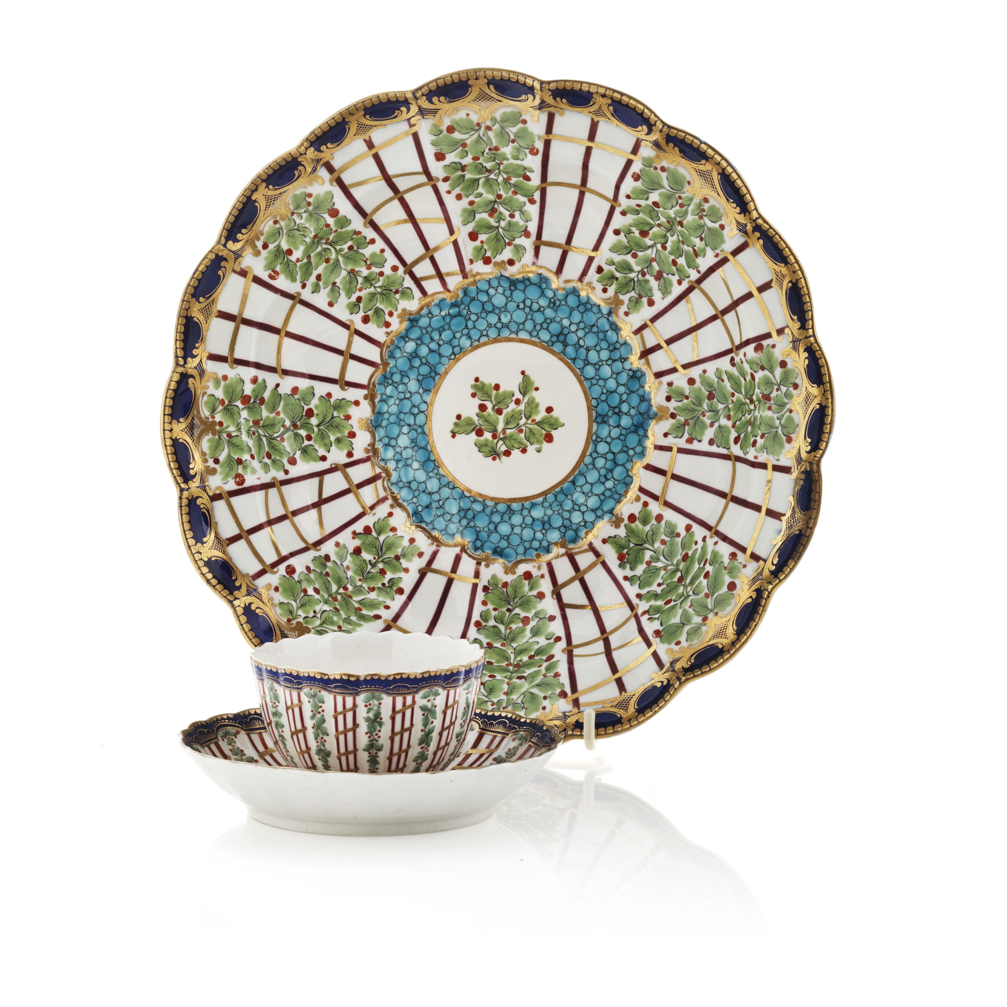 WORCESTER FIRST PERIOD BOWL, SAUCER AND PLATE