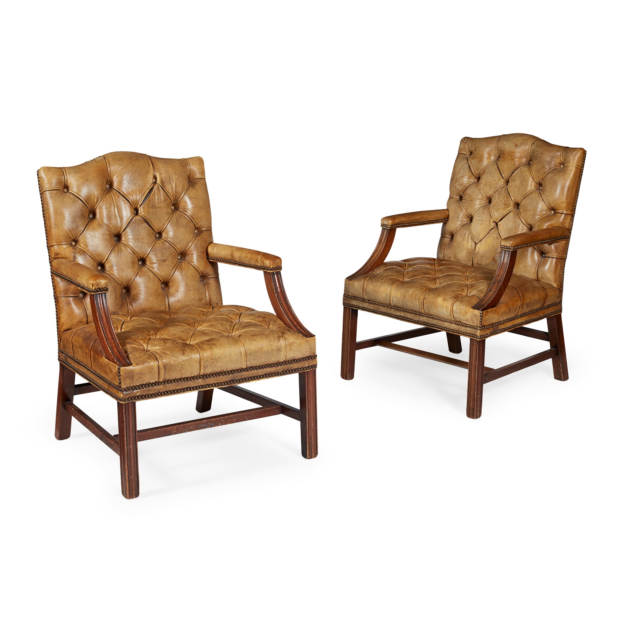 PAIR OF GEORGIAN STYLE LEATHER UPHOLSTERED MAHOGANY LIBRARY ARMCHAIRS