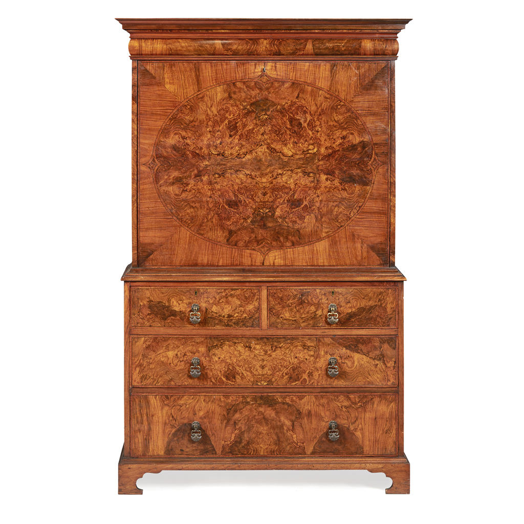 QUEEN ANNE STYLE BURR WALNUT AND WALNUT FALL FRONT SECRETAIRE