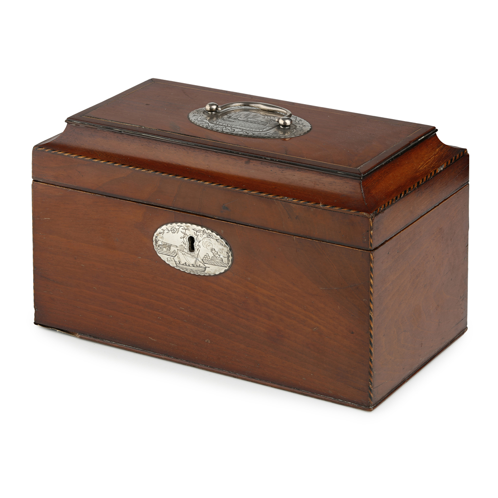 GEORGE III BANDED MAHOGANY AND WHITE METAL MOUNTED TEA CADDY, DEPICTING THE SEIGE OF GIBRALTAR