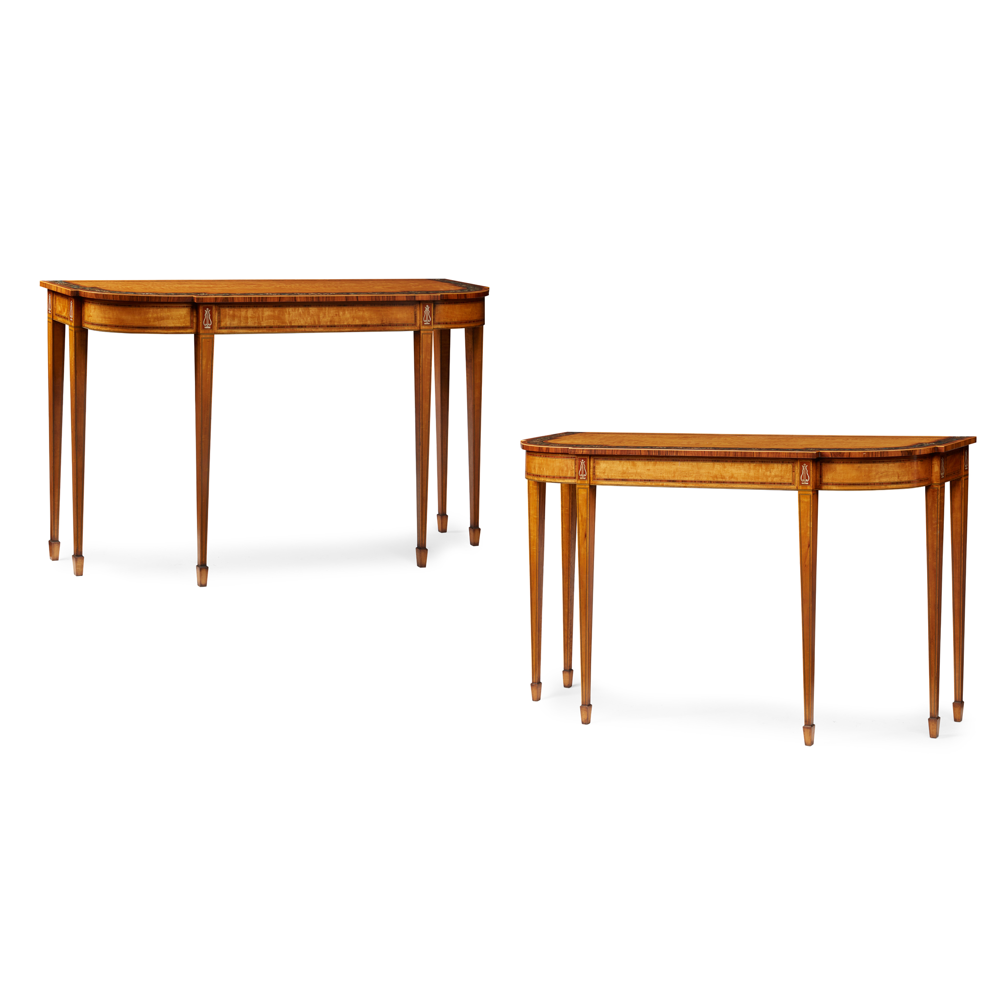 PAIR OF GEORGE III STYLE PAINTED SATINWOOD AND ROSEWOOD PIER TABLES