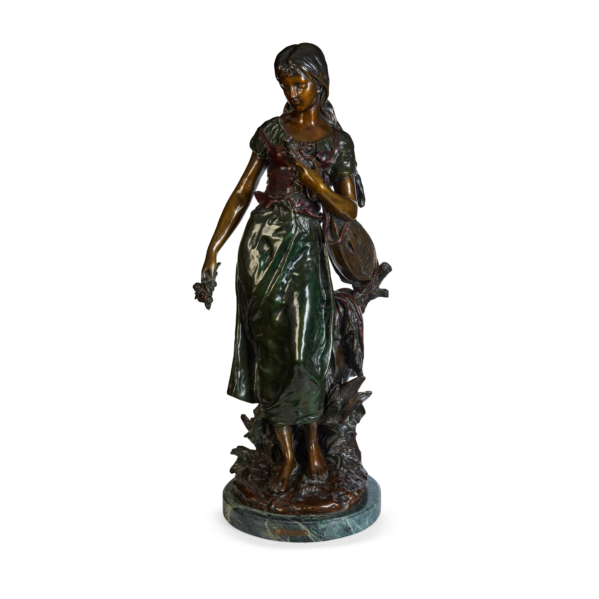 FRENCH BRONZE FIGURE OF A MAIDEN WITH A MANDOLIN, AFTER AUGUSTE MOREAU (FRENCH 1834 – 1917)