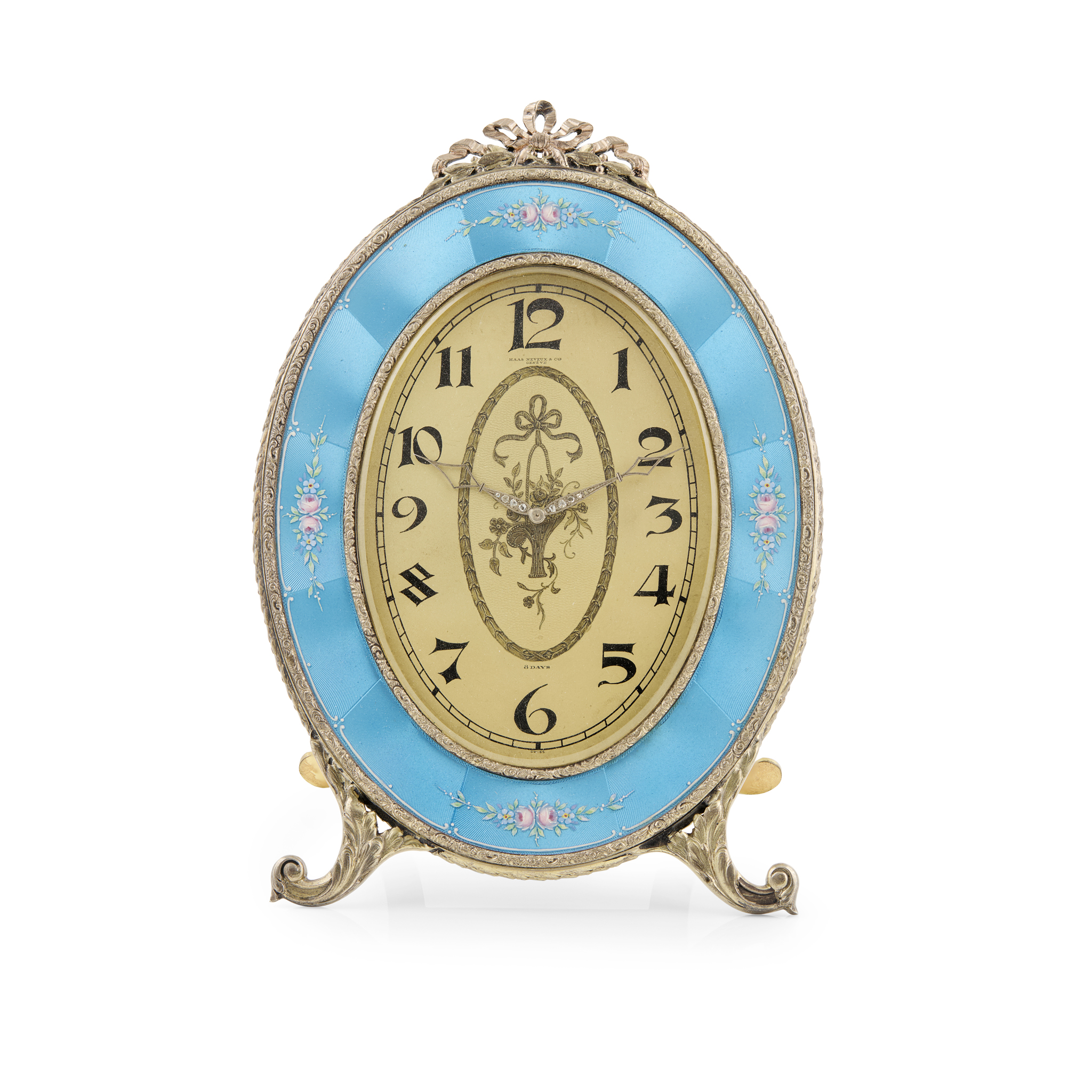 SWISS BLUE GUILLOCHE ENAMEL STRUT CLOCK, BY HAAS NEVEUX & CIE, GENEVA