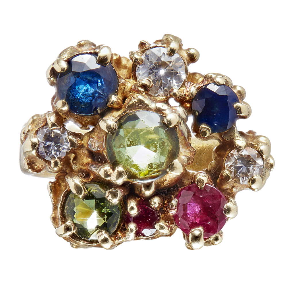 A contemporary multi-gem set cluster ring