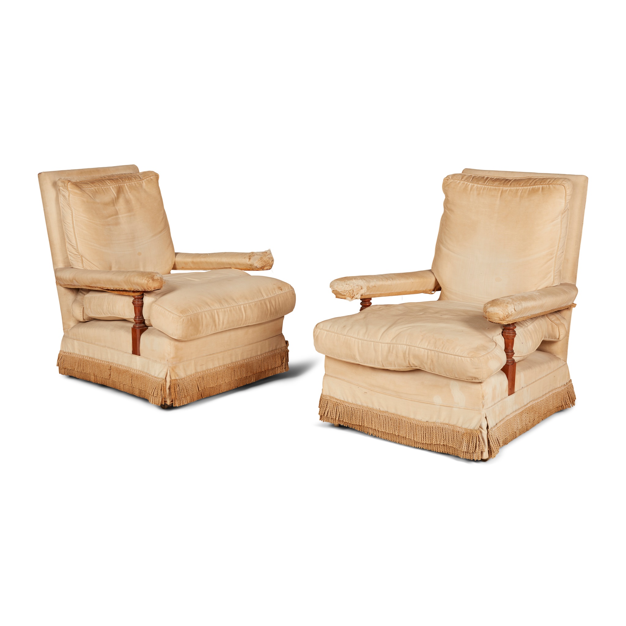PAIR OF HOWARD & SONS LATE VICTORIAN WALNUT UPHOLSTERED OPEN ARMCHAIRS