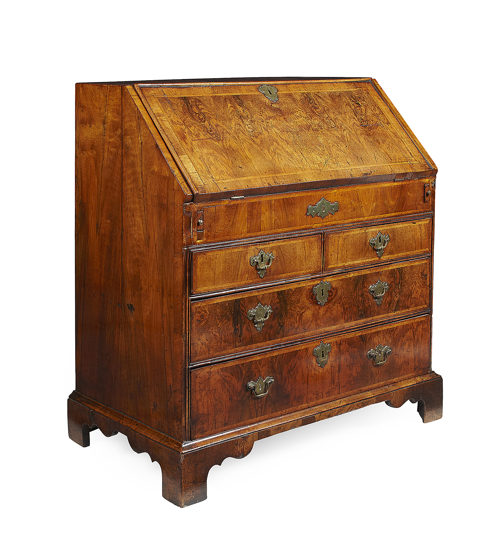 GEORGE I WALNUT AND FEATHERBANDED BUREAU