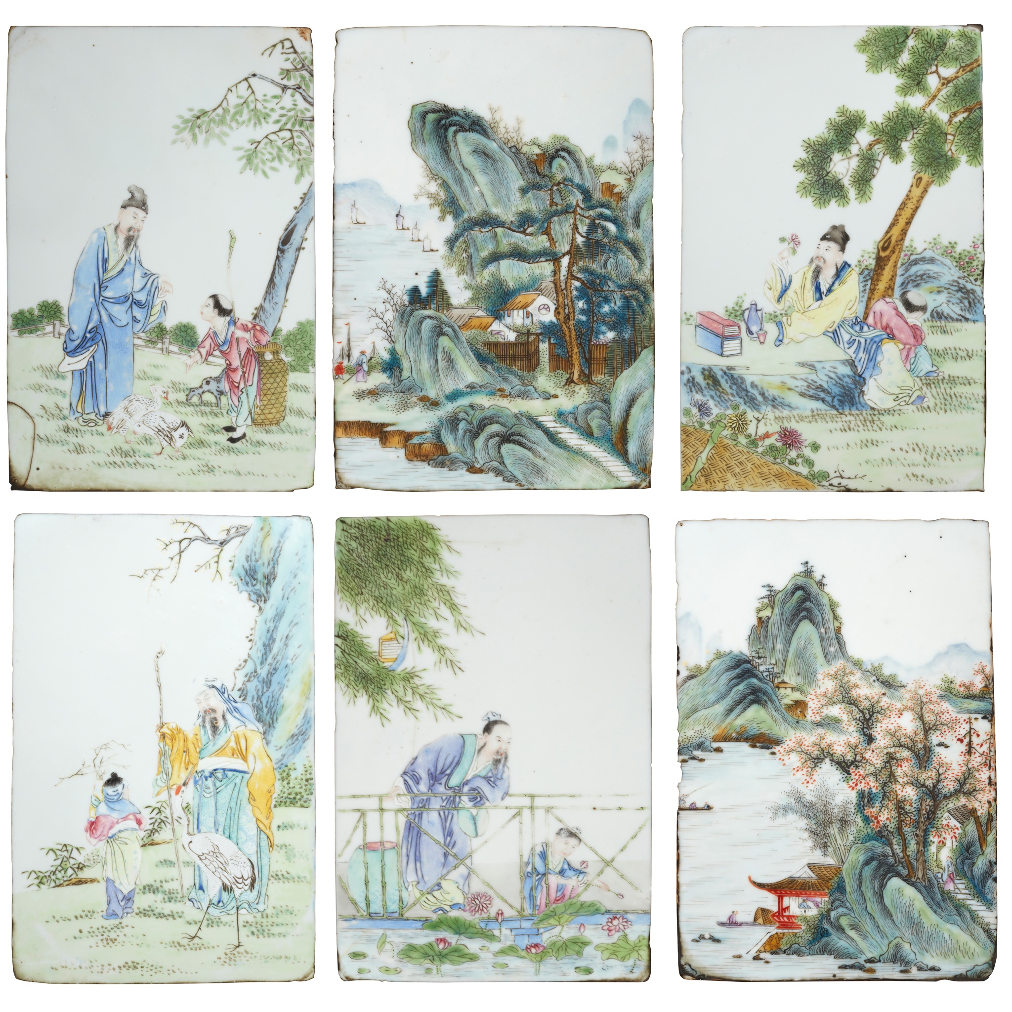 GROUP OF SIX FAMILLE ROSE PORCELAIN PLAQUES