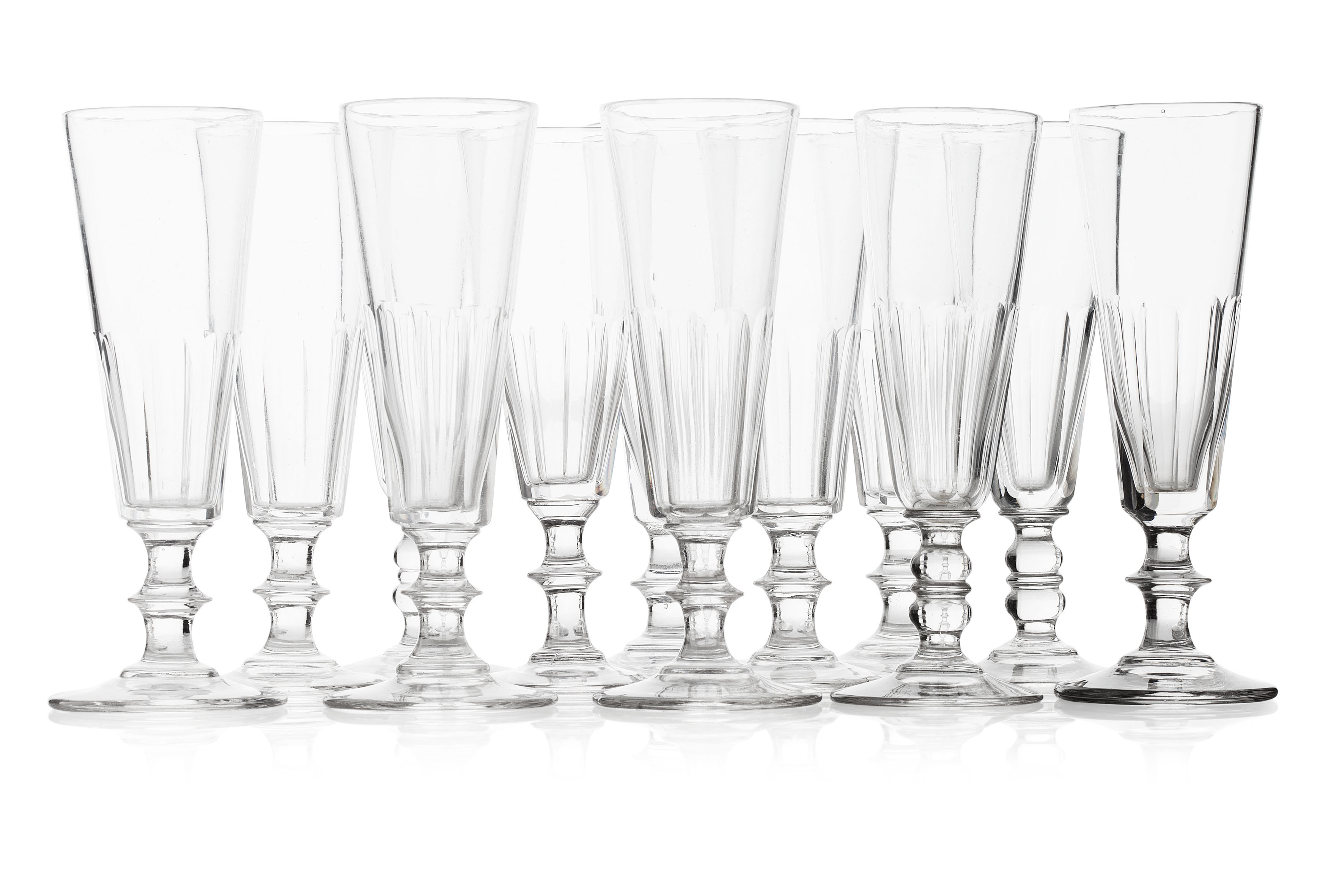 SET OF TWELVE REGENCY GLASS CHAMPAGNE FLUTES